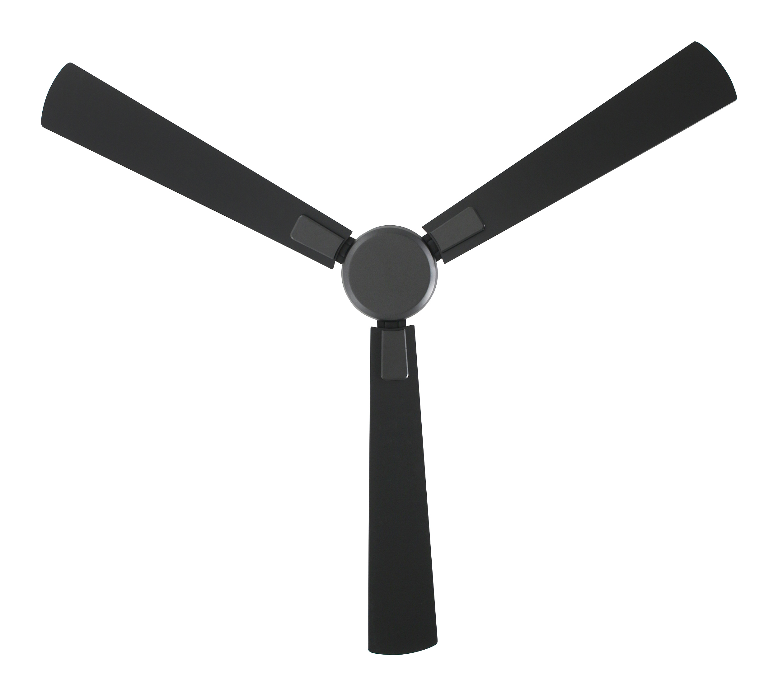 Un ventilatore da soffitto nero a tre pale su sfondo bianco, che mostra le sue pale e il motore centrale.