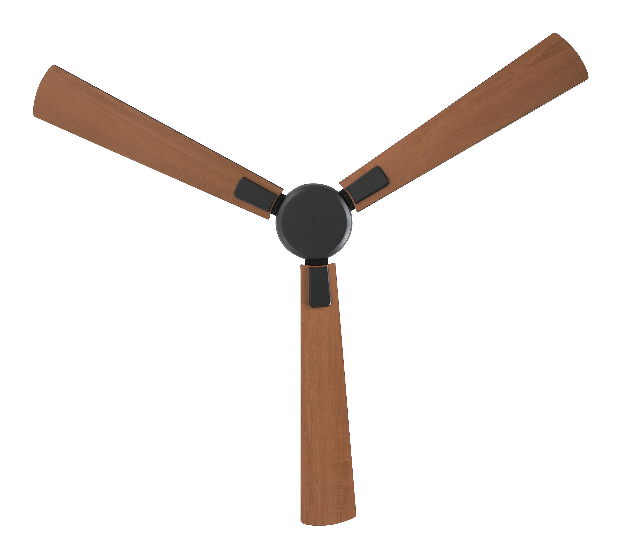 Un ventilatore da soffitto con tre pale in legno e un alloggiamento motore nero. Sfondo bianco.