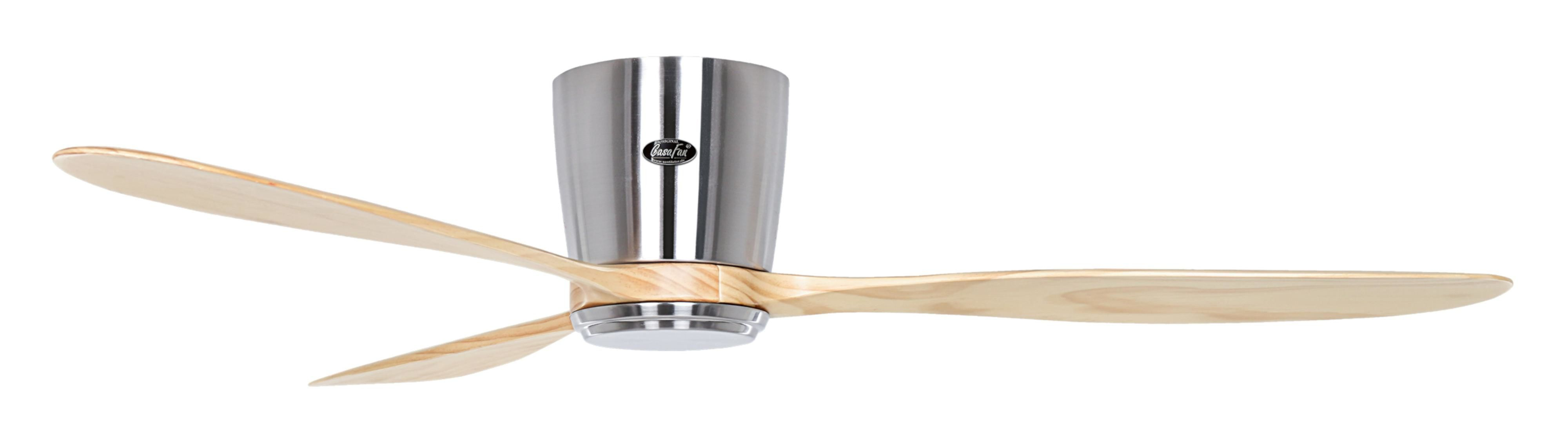 Ventilatore da soffitto argento con tre pale in legno, su sfondo bianco.