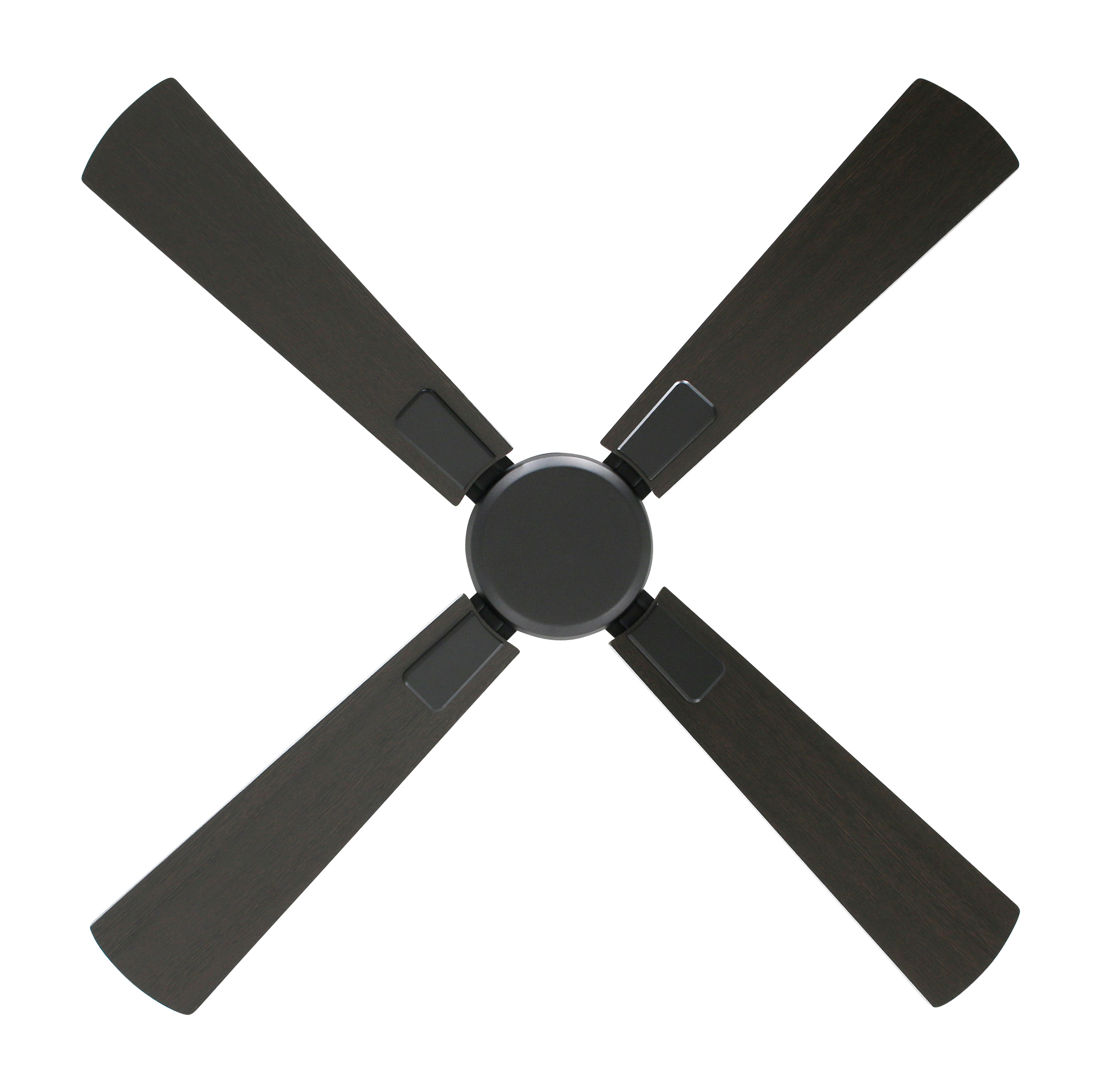 Ventilatore da soffitto marrone scuro con quattro pale, centrato su sfondo bianco.