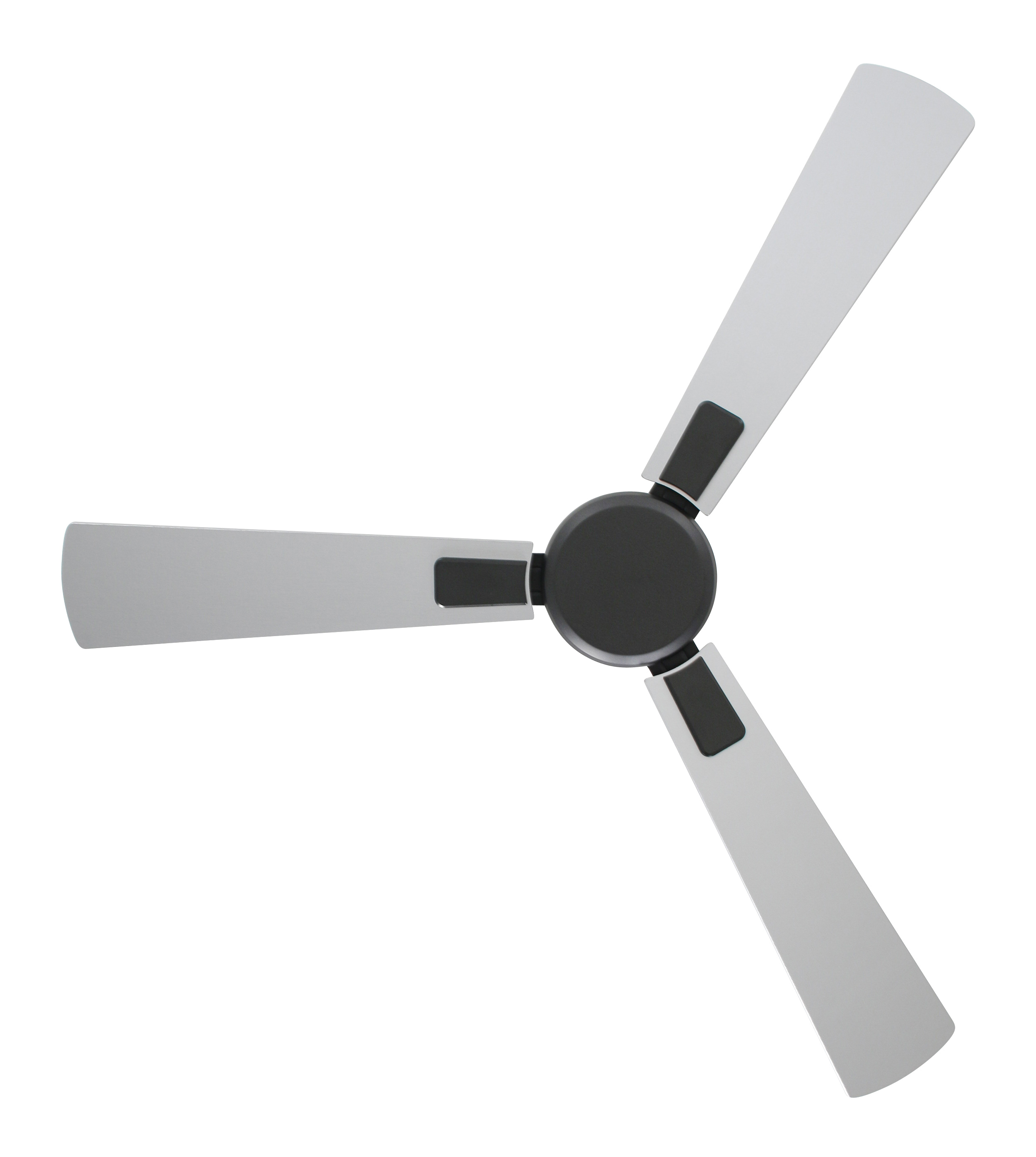 Un ventilatore da soffitto con tre pale grigie e un centro nero.