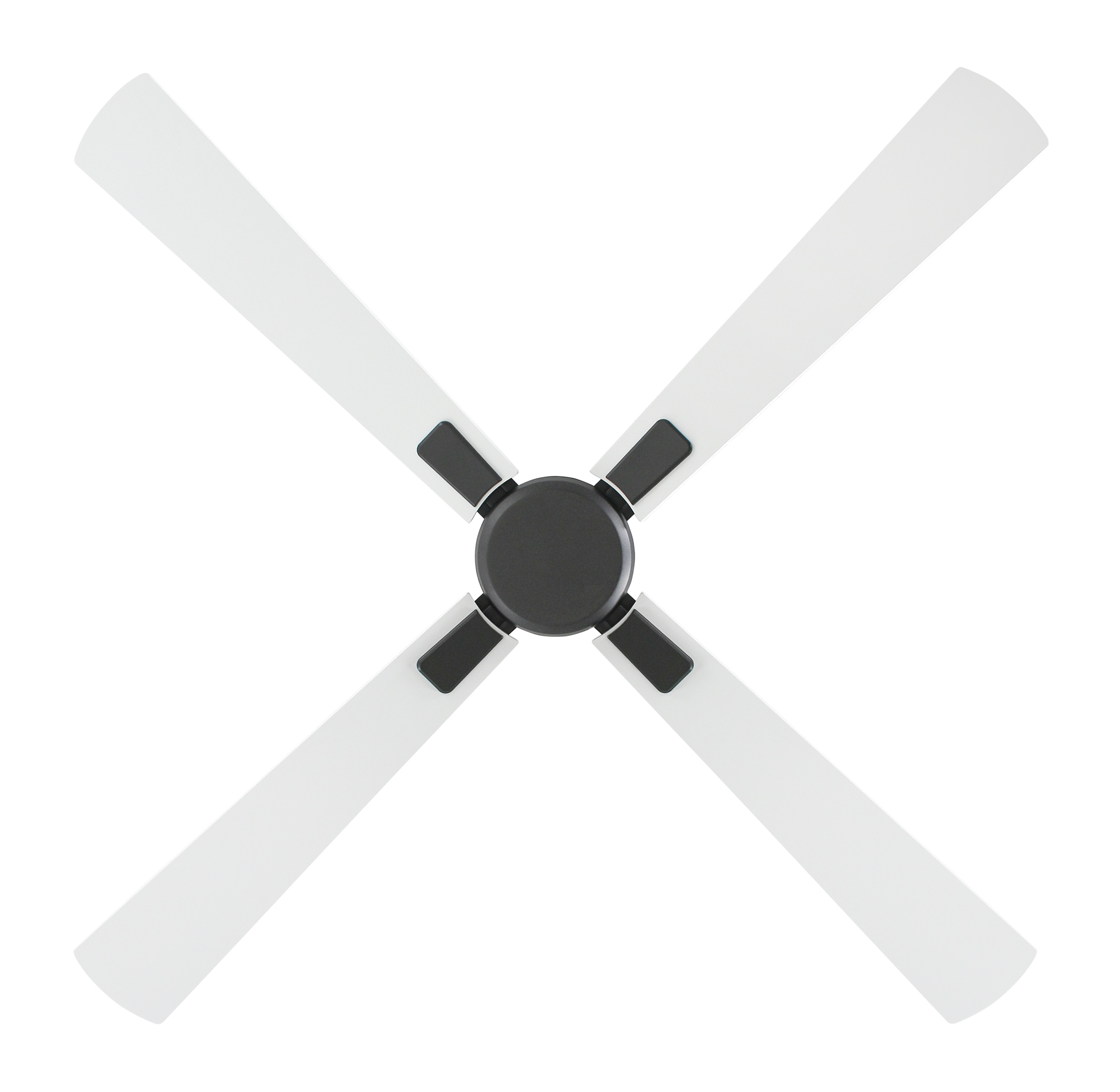 Ventilatore da soffitto con quattro pale bianche, centro e supporti neri, visto dall'alto.