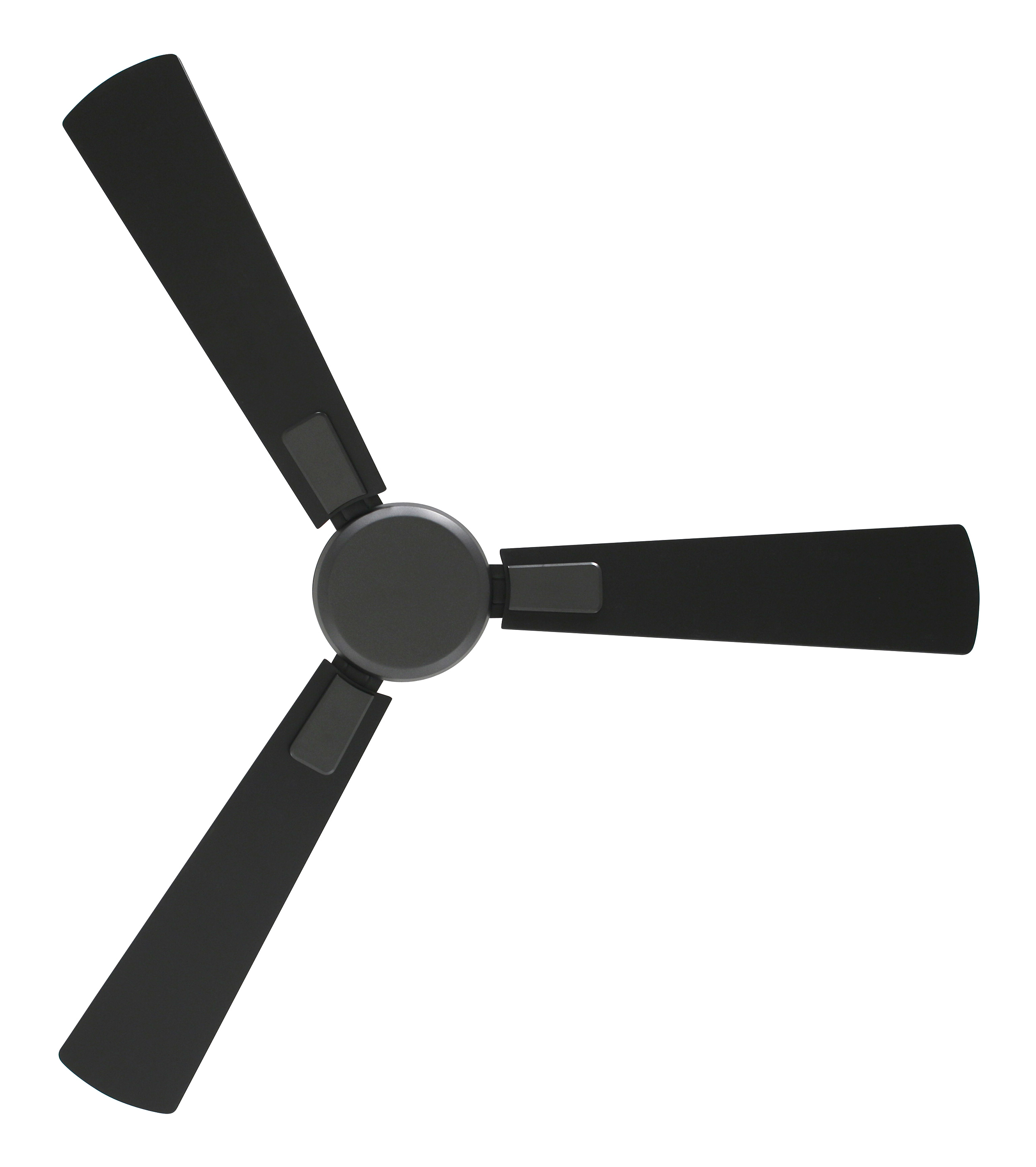 Ventilatore a soffitto, pale nere, vista dall'alto.