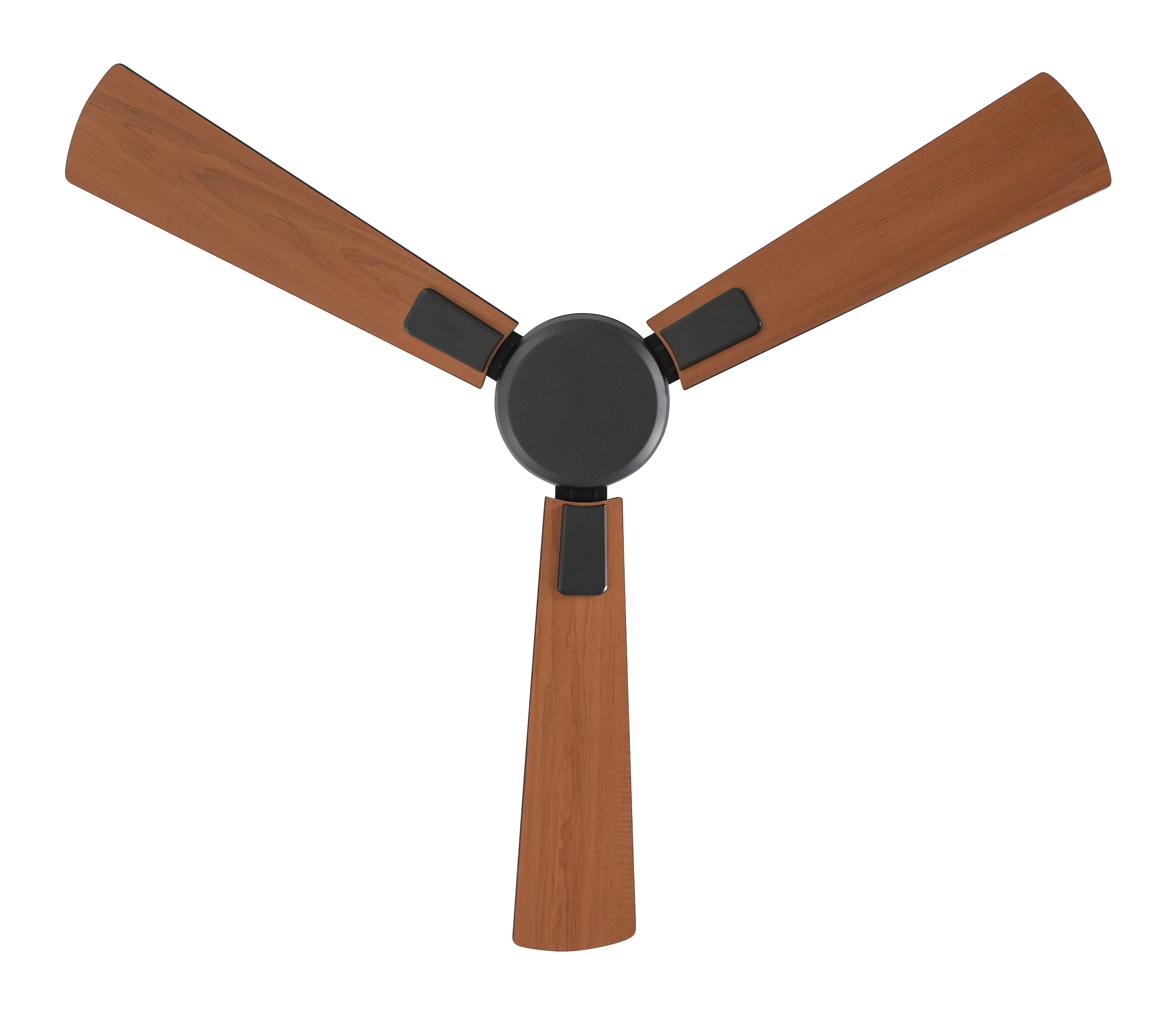 Ventilatore da soffitto con tre pale in legno, centro nero, visto dall'alto su sfondo bianco.