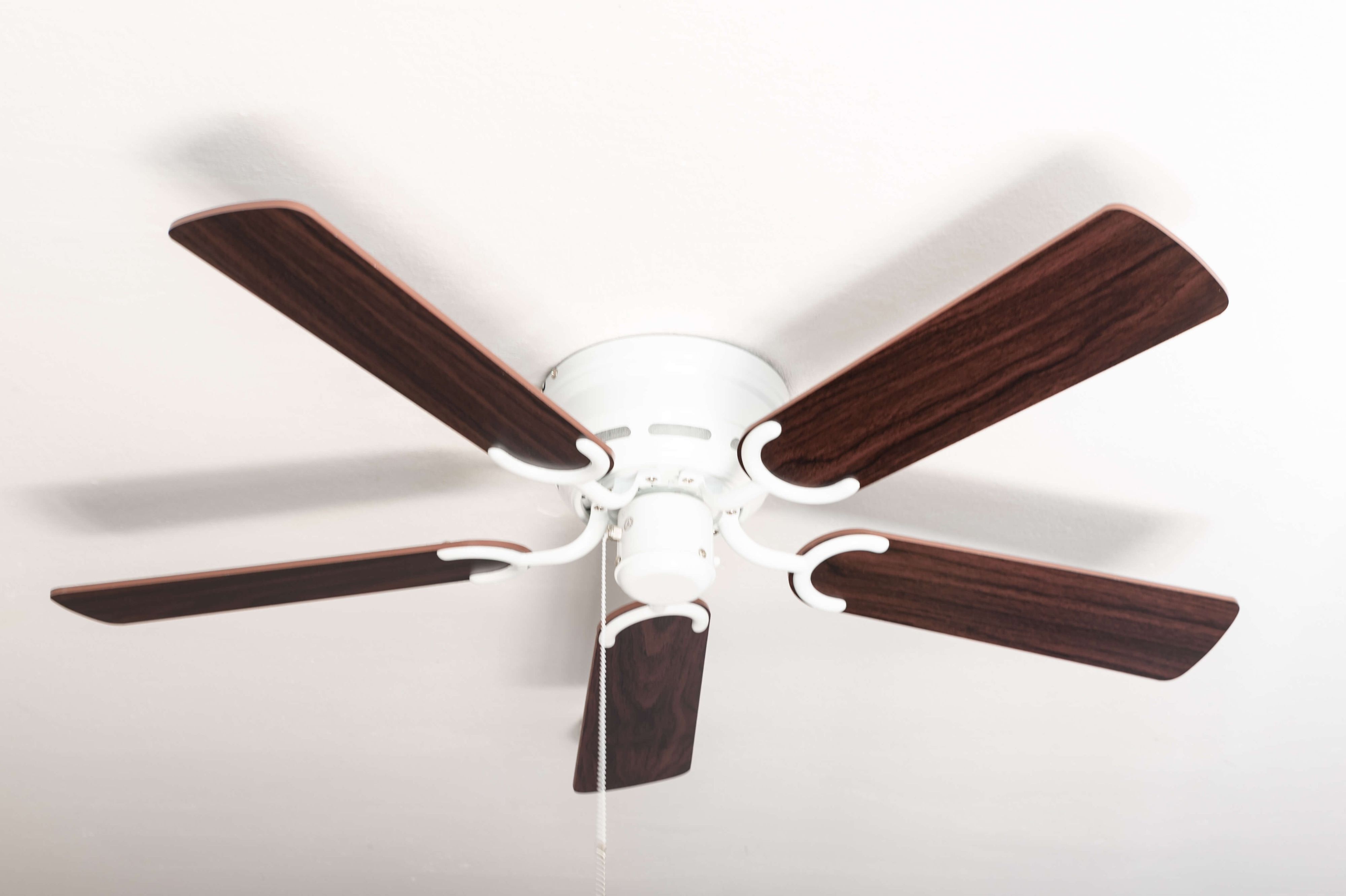 Ein Deckenventilator mit fünf dunkelbraunen Holzflügeln und einem weißen Motorgehäuse vor weißer Decke.