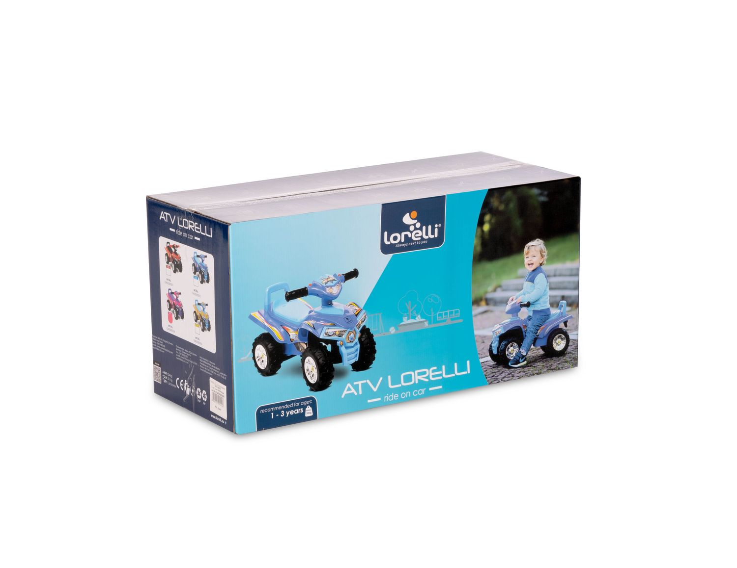 Eine Schachtel mit einem ATV Lorelli Ride-on-Spielzeug mit Bild des Spielzeugs und eines Kindes, das es fährt.