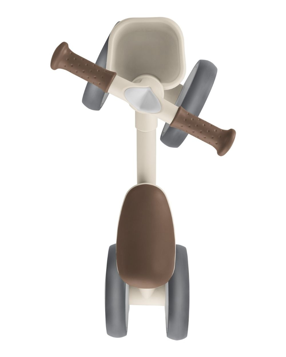 Ein Kindertrike von oben, weiß und braun mit grauen Rädern, auf weißem Hintergrund.
