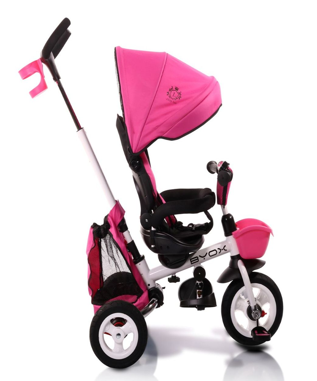 Ein rosa-weißes Dreirad mit Verdeck, Korb und Eltern-Haltegriff.