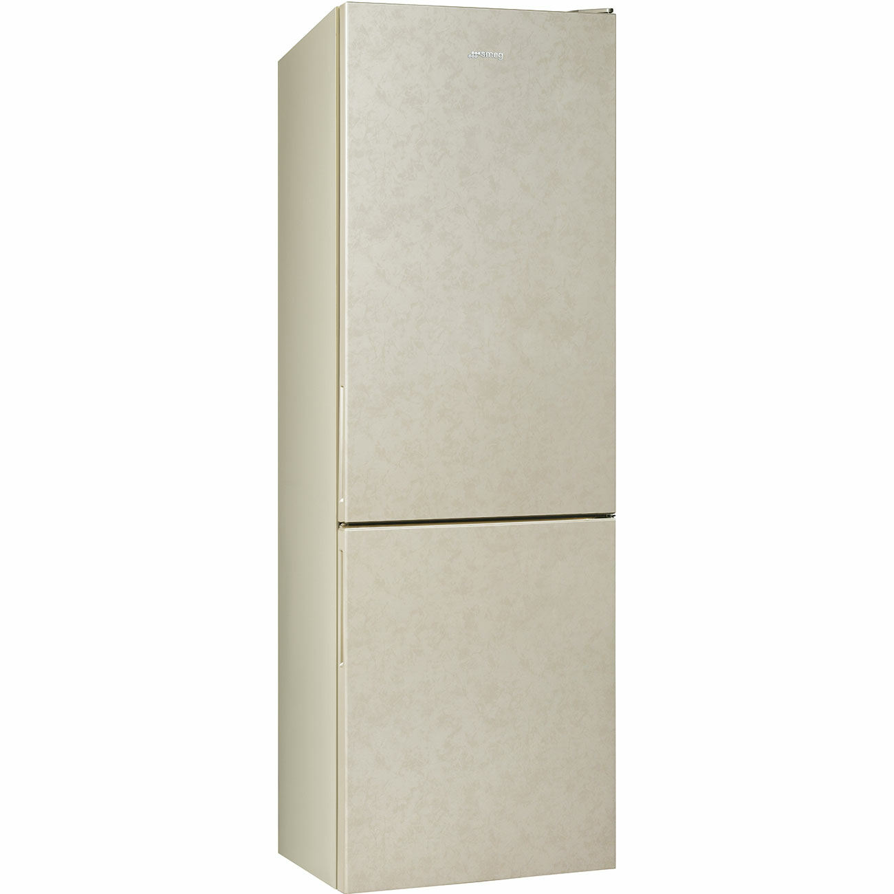 Un frigorifero beige con due porte, su sfondo bianco.