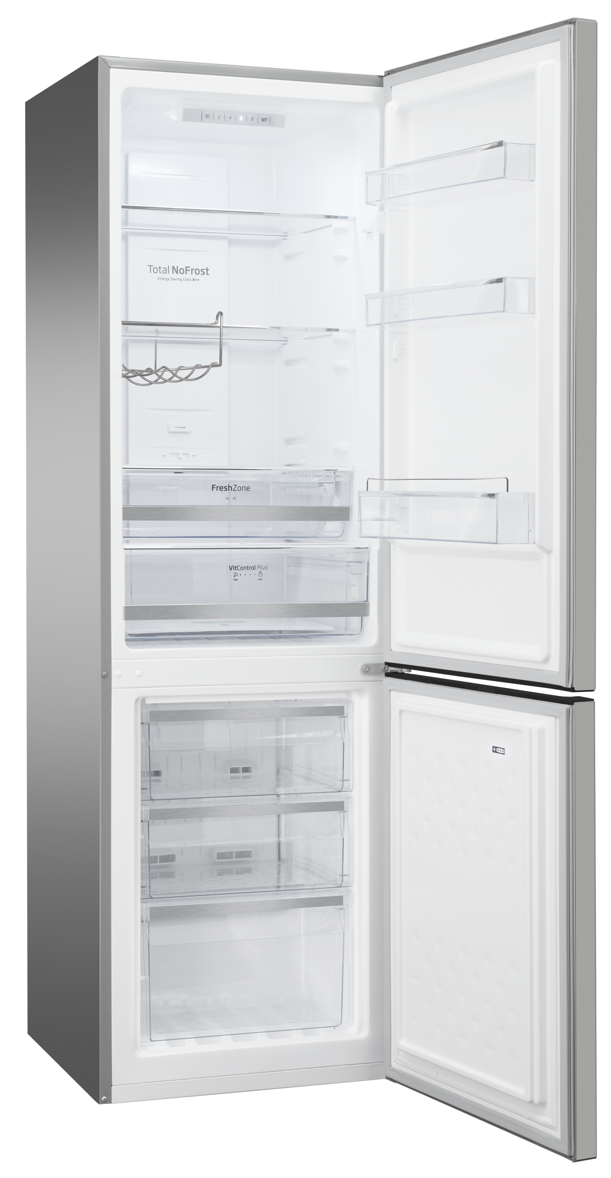 Ein offener Kühlschrank mit vielen Regalen.