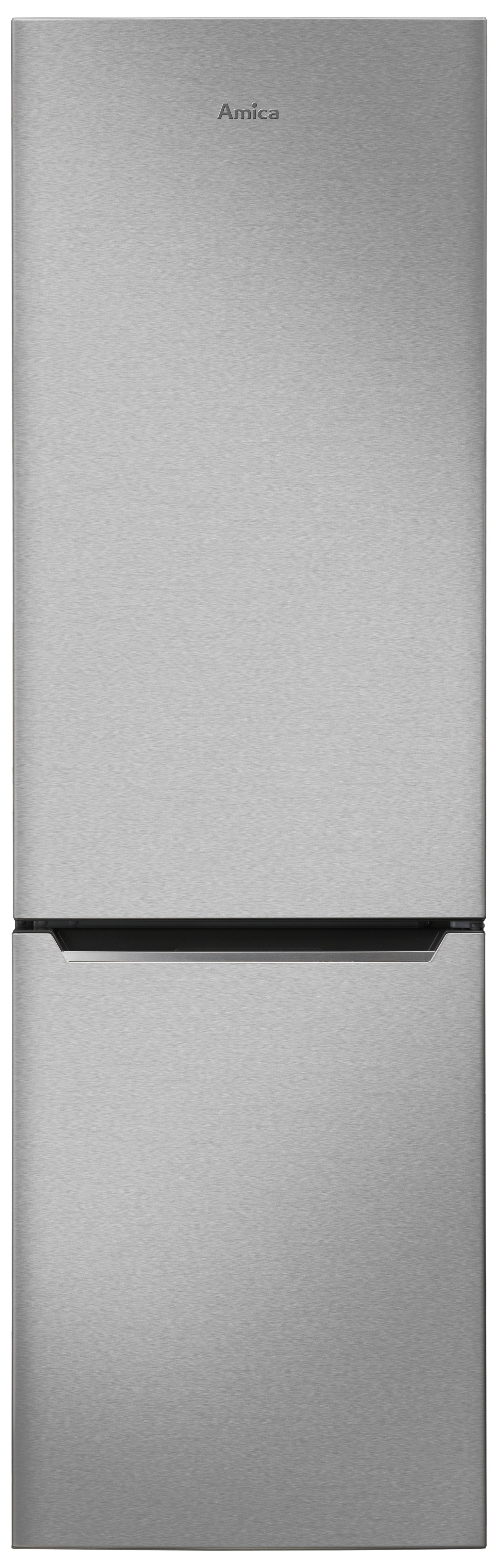 Silberner Amica Kühlschrank, zwei Türen, dunkler Griff, vertikale Ansicht, modernes Design, freigestellt.