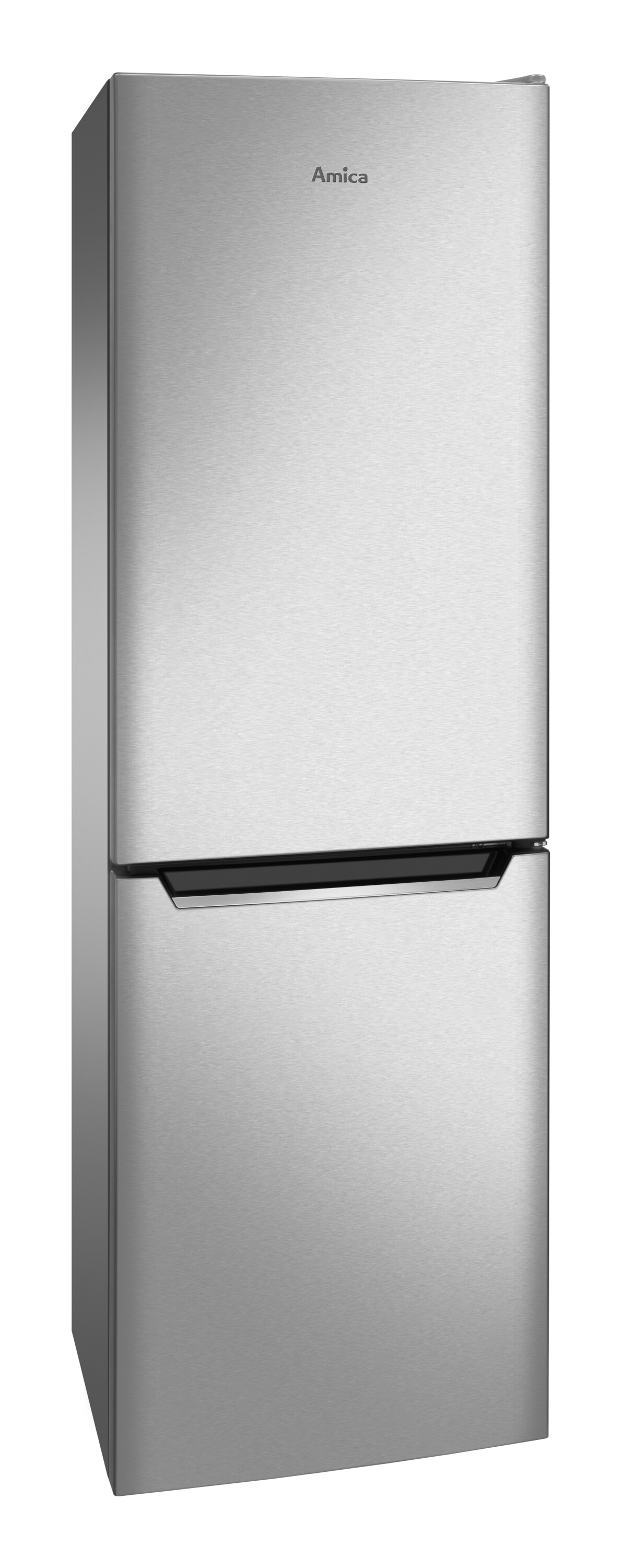Edelstahl-Amica-Kühlschrank, Zweitüriges Design. Weißer Hintergrund.