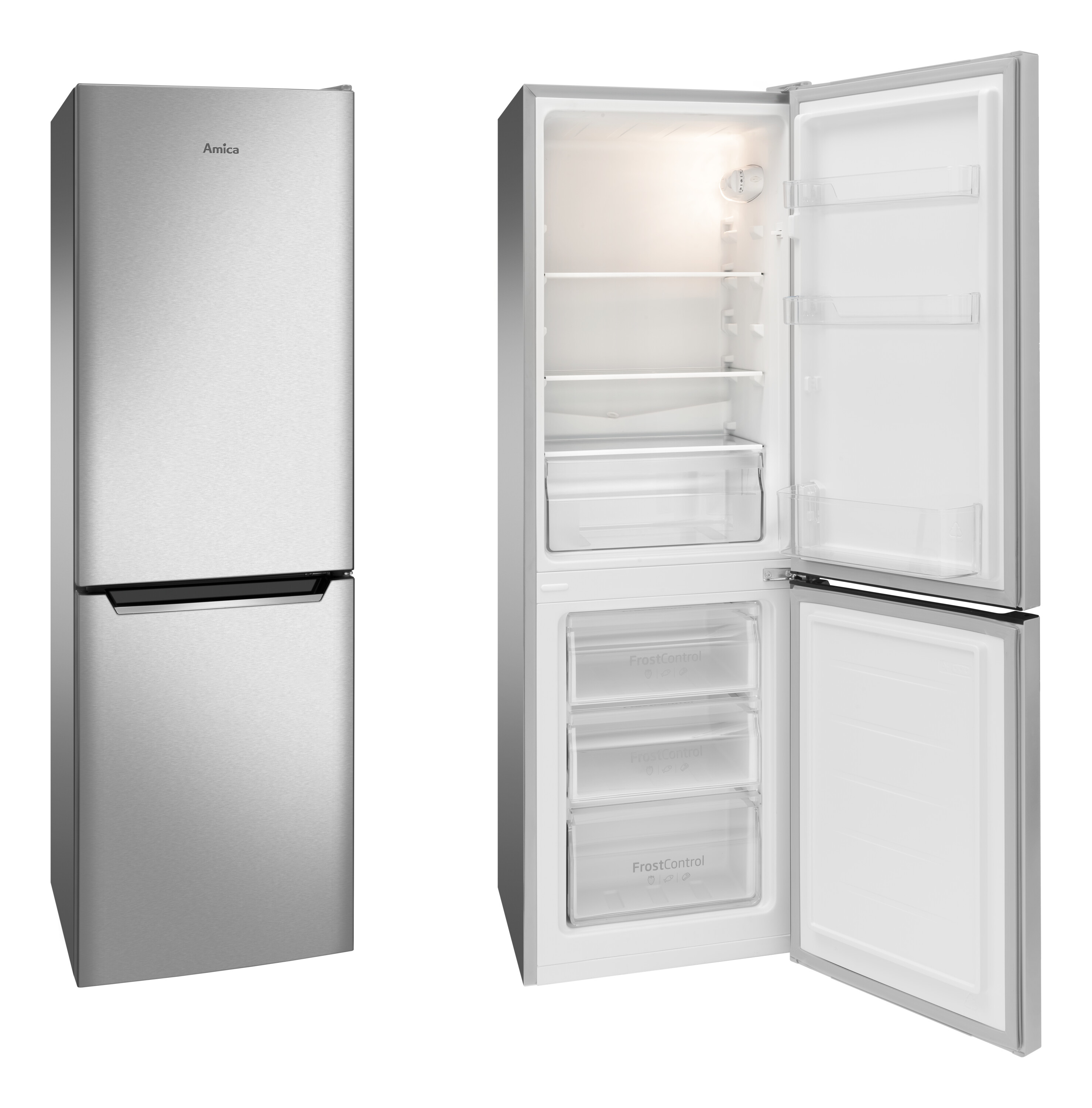 Silberner Amica Kühlschrank, rechts geöffnet, zeigt Regale und Schubladen.