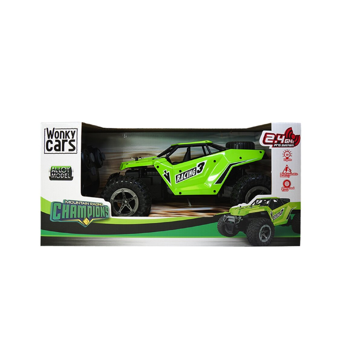 Ein grünes Spielzeugauto in einer Box mit Text und einem Bild auf weißem Hintergrund.