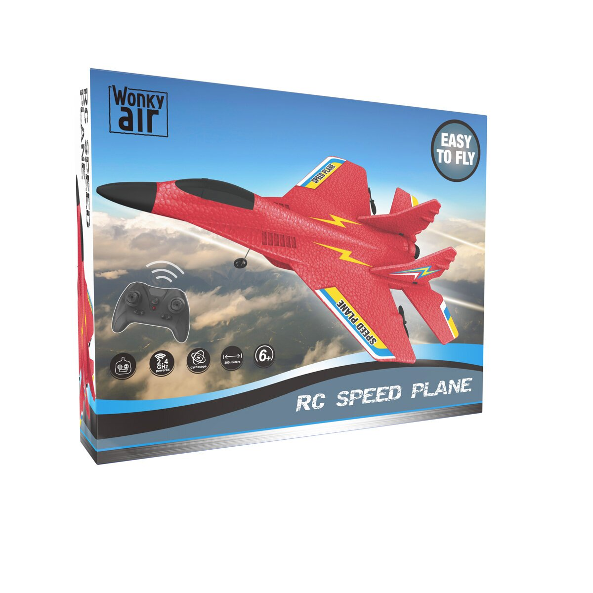 Rotes RC-Speed-Plane-Spielzeug in einer Box. Box zeigt ein Flugzeug am Himmel. Einfach zu fliegen.