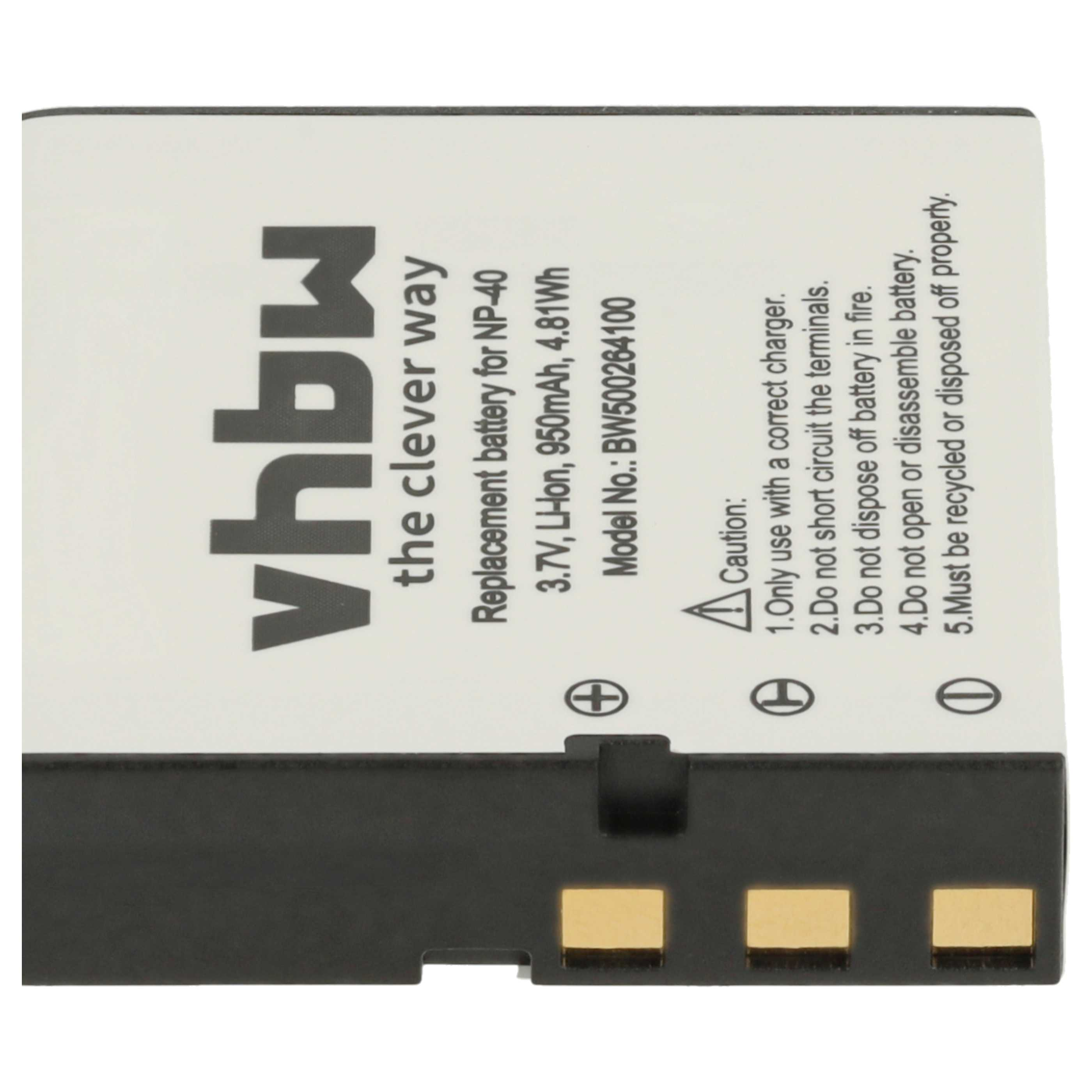 Eine Batterie mit Text: the clever way, Ersatzbatterie für NP-40 und Warnsymbolen.