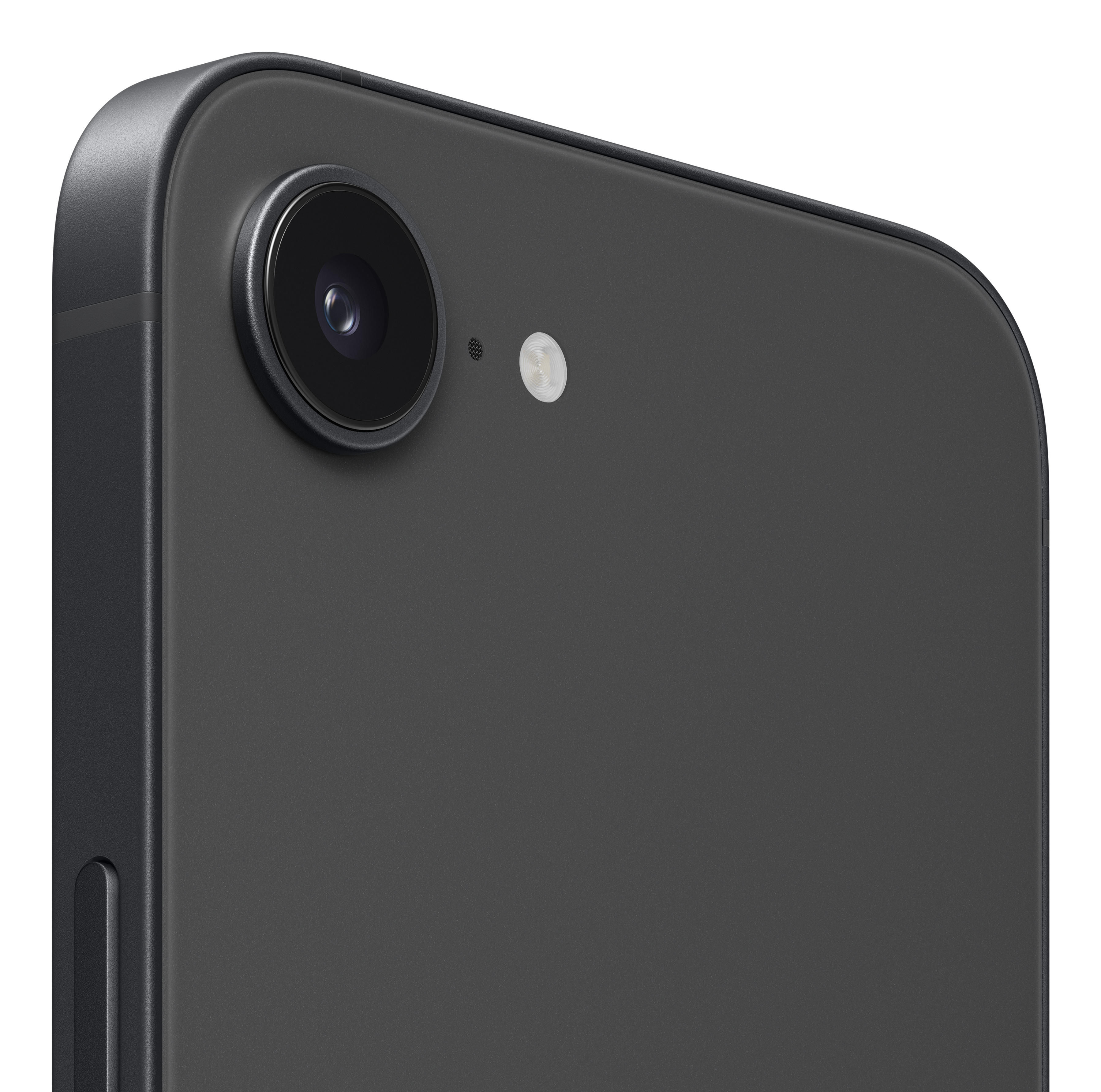 Een close-up van de camera en flitser van een telefoon op een donkergrijze ondergrond.