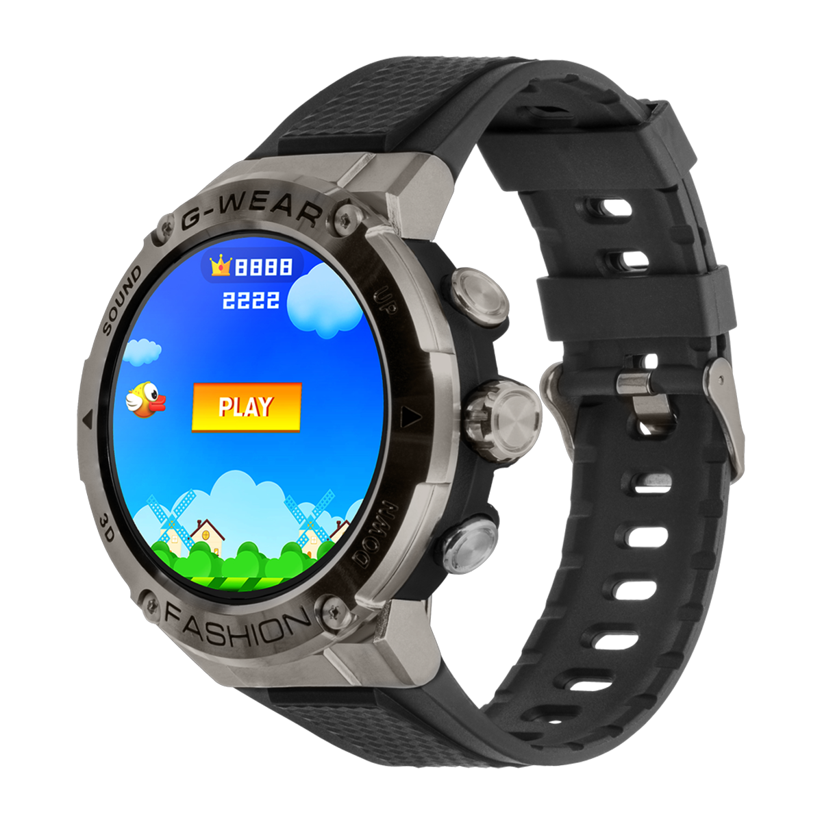 Smartwatch z kolorową grą na ekranie, czarny pasek.