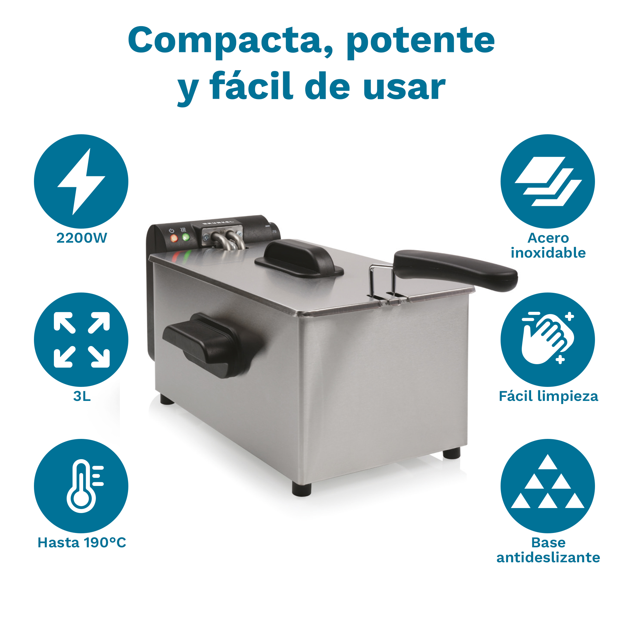 Una friggitrice in acciaio inossidabile con icone e testo intorno.