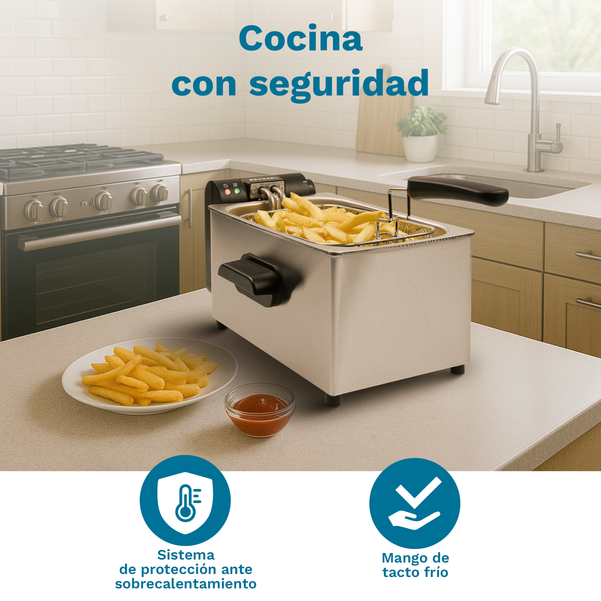 Una friggitrice con patatine fritte e ketchup su un bancone della cucina.