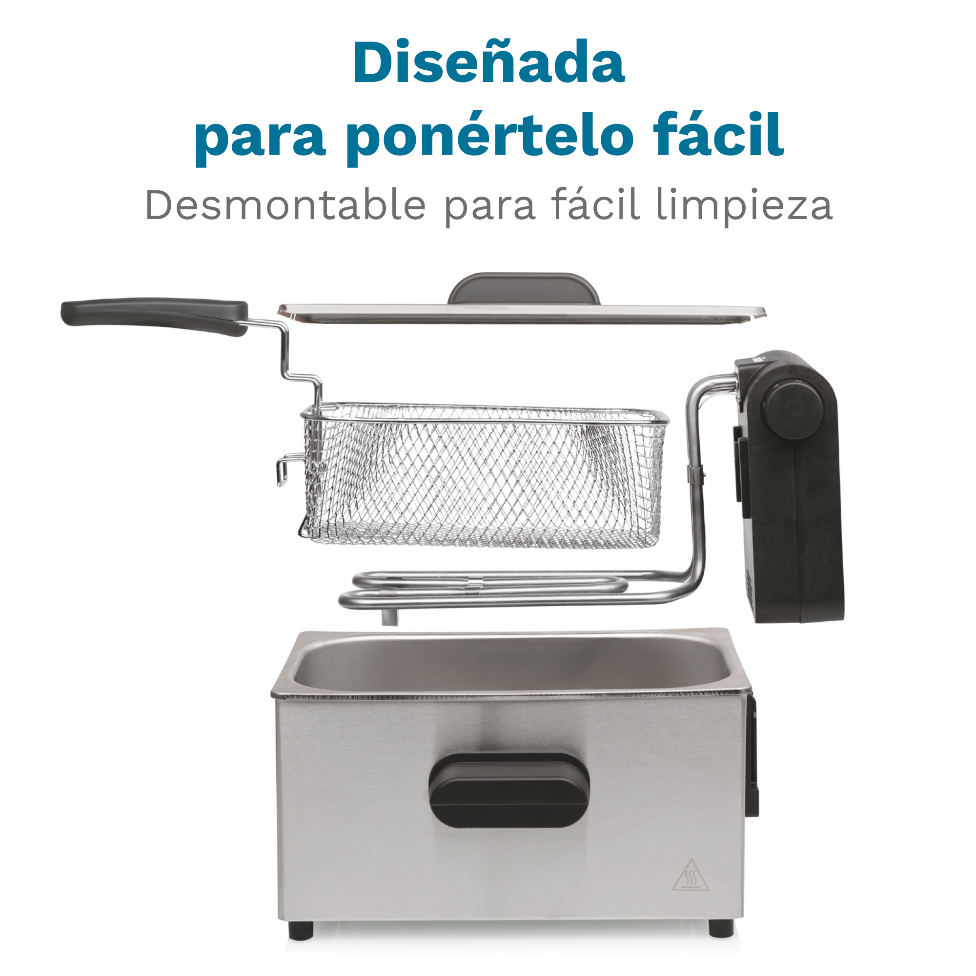 Friggitrice smontata, componenti in acciaio inox. Sfondo bianco, testo sopra.