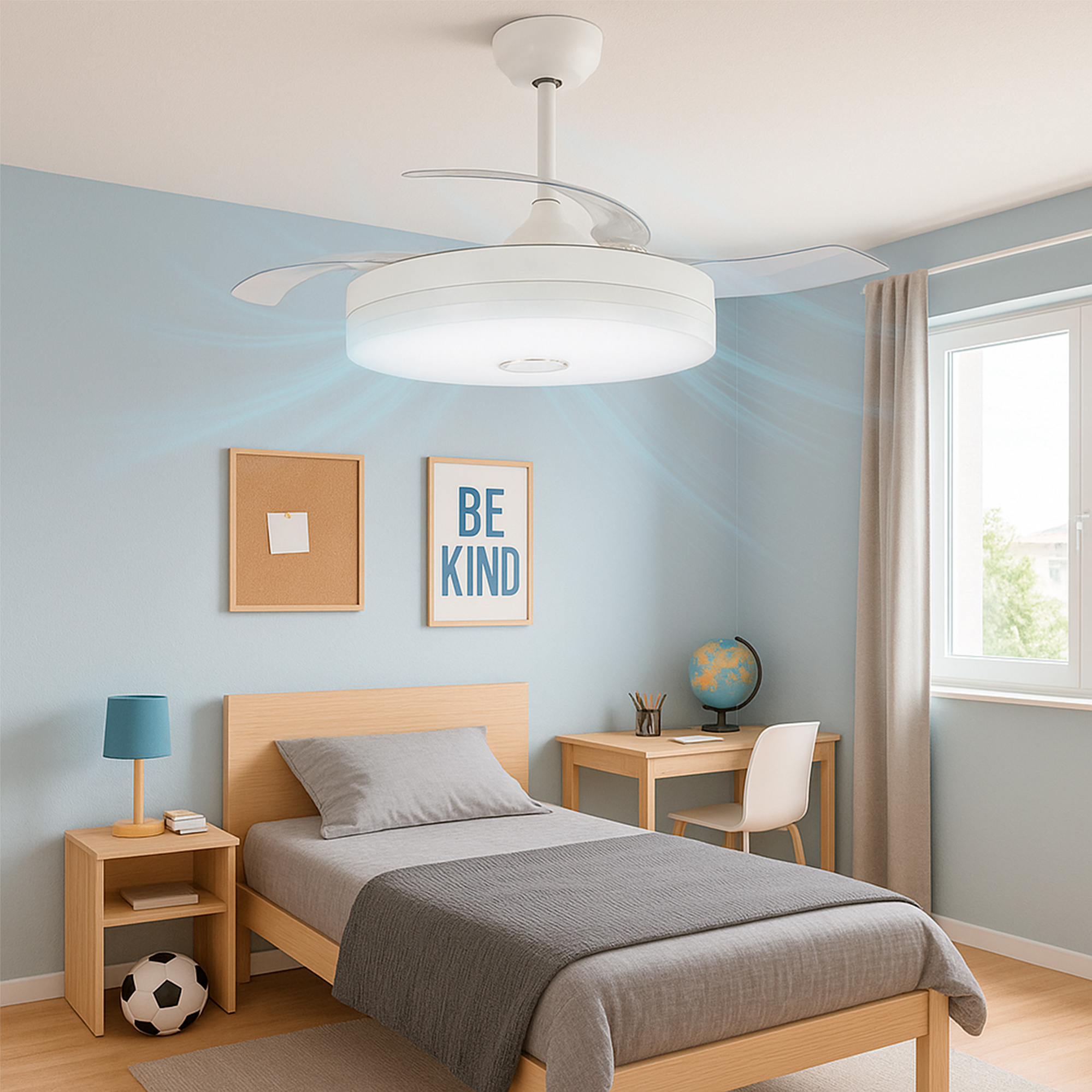 Un ventilatore a soffitto in una camera da letto, sopra un letto e un comodino.