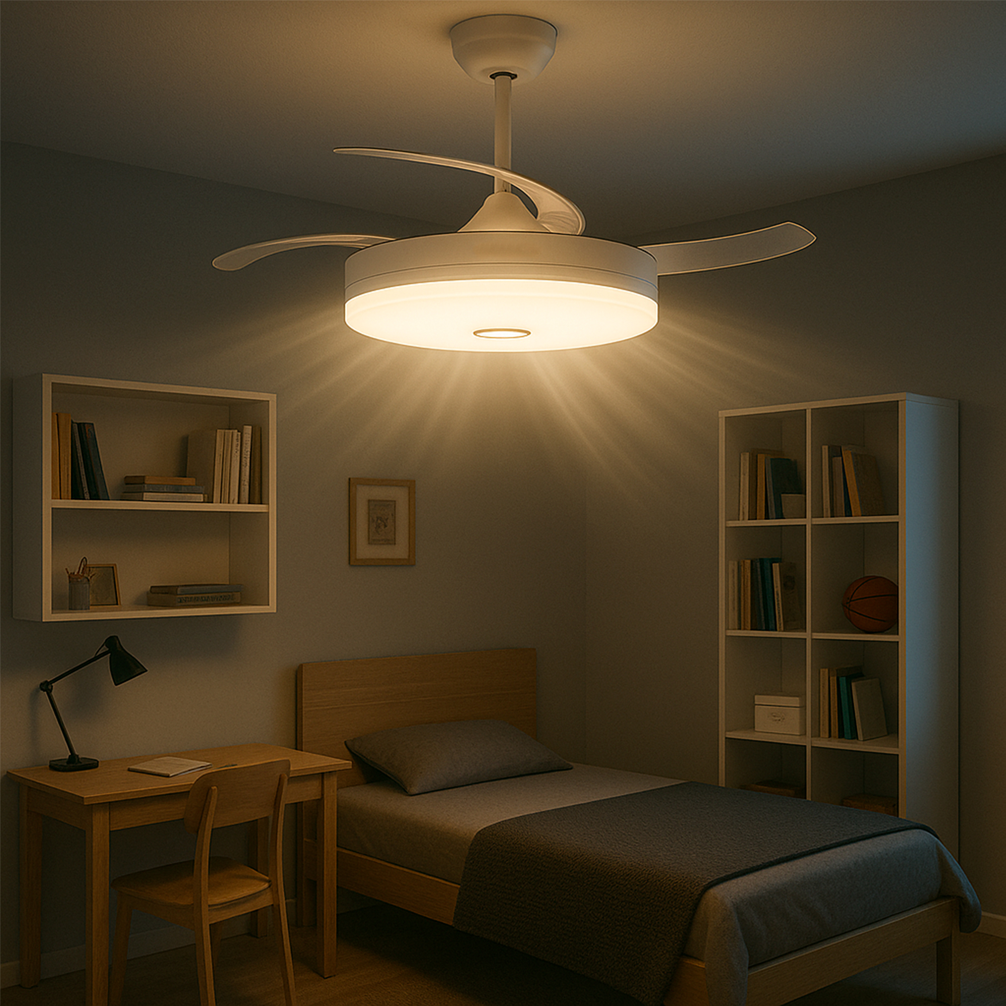 Scena della camera da letto con ventilatore a soffitto. Letto con biancheria da letto grigia, scrivania, sedia e librerie.