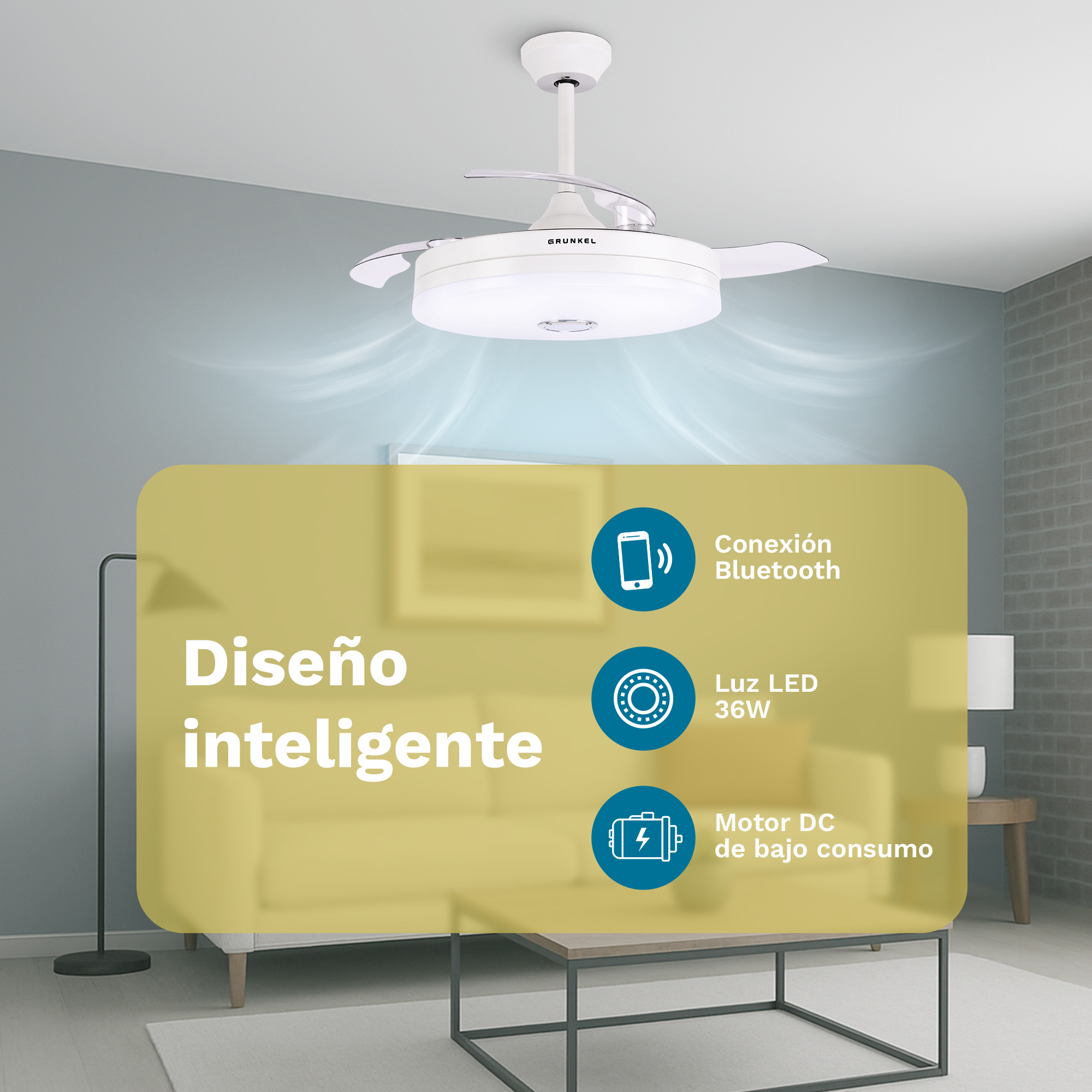 Un ventilatore da soffitto bianco con tre pale e una luce, con un design blu.