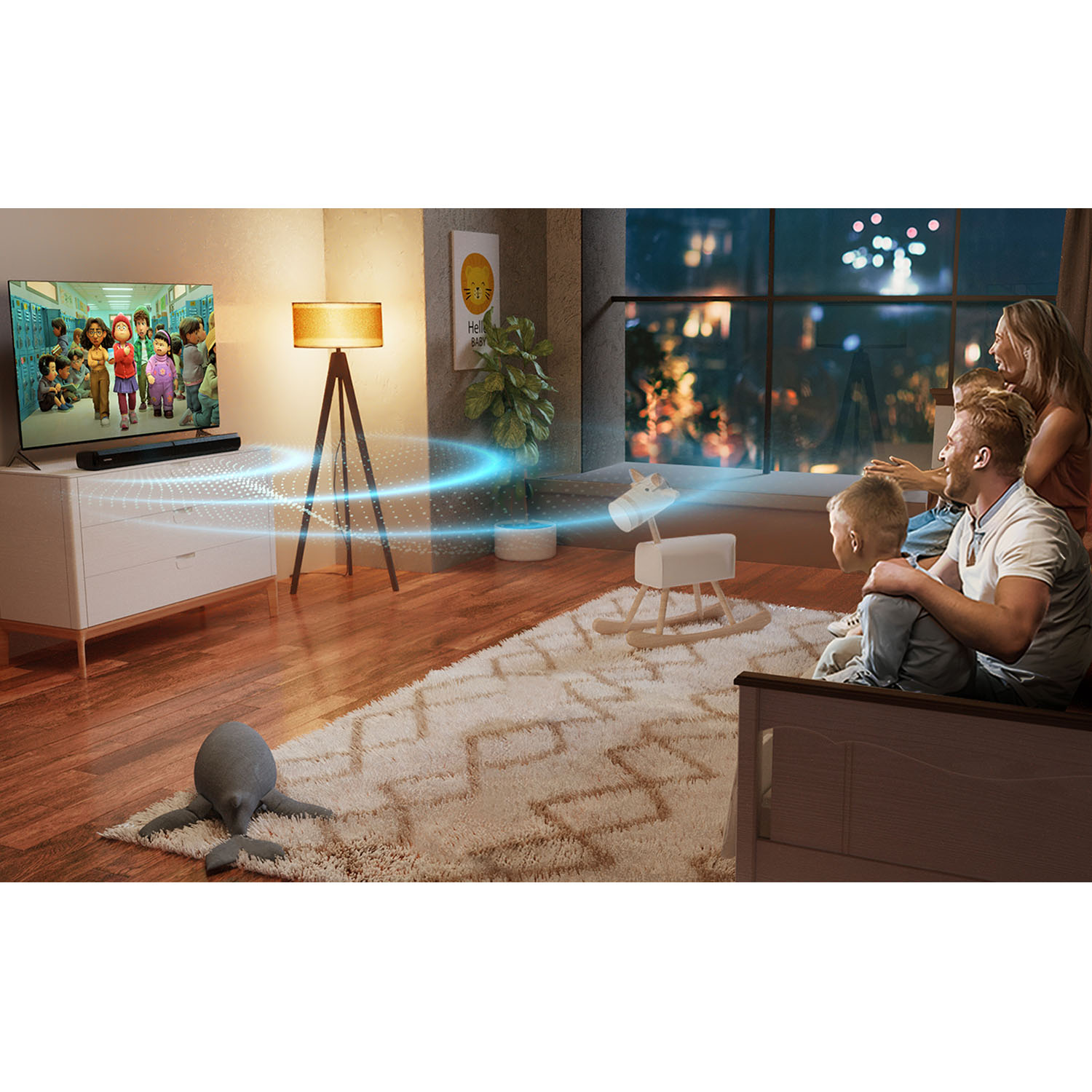 Famille regardant la TV avec une barre de son et un effet d'onde bleue. Lampe, plante et tapis présents.