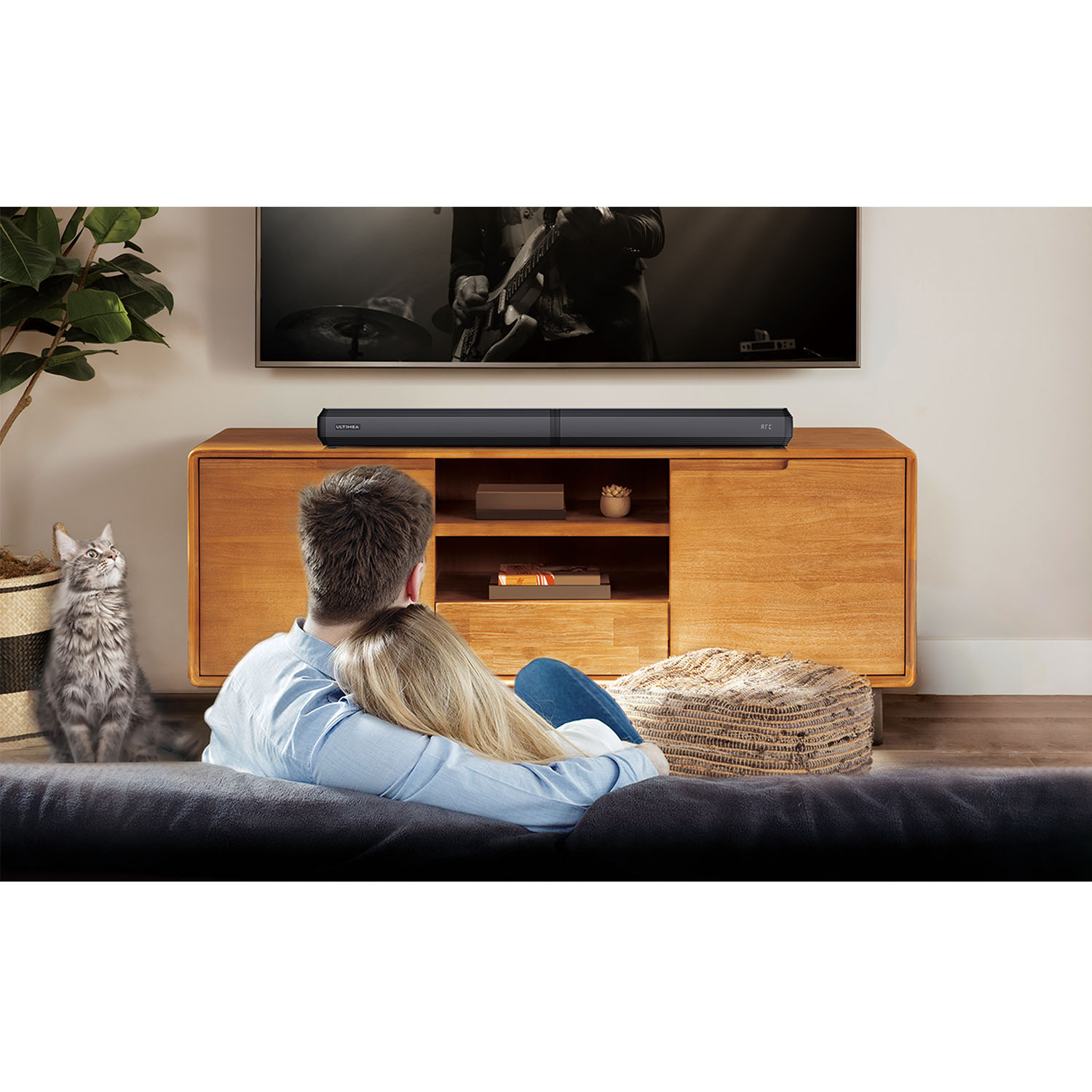 Un couple regarde la TV avec une barre de son. Un chat regarde l'écran. La TV montre un musicien.