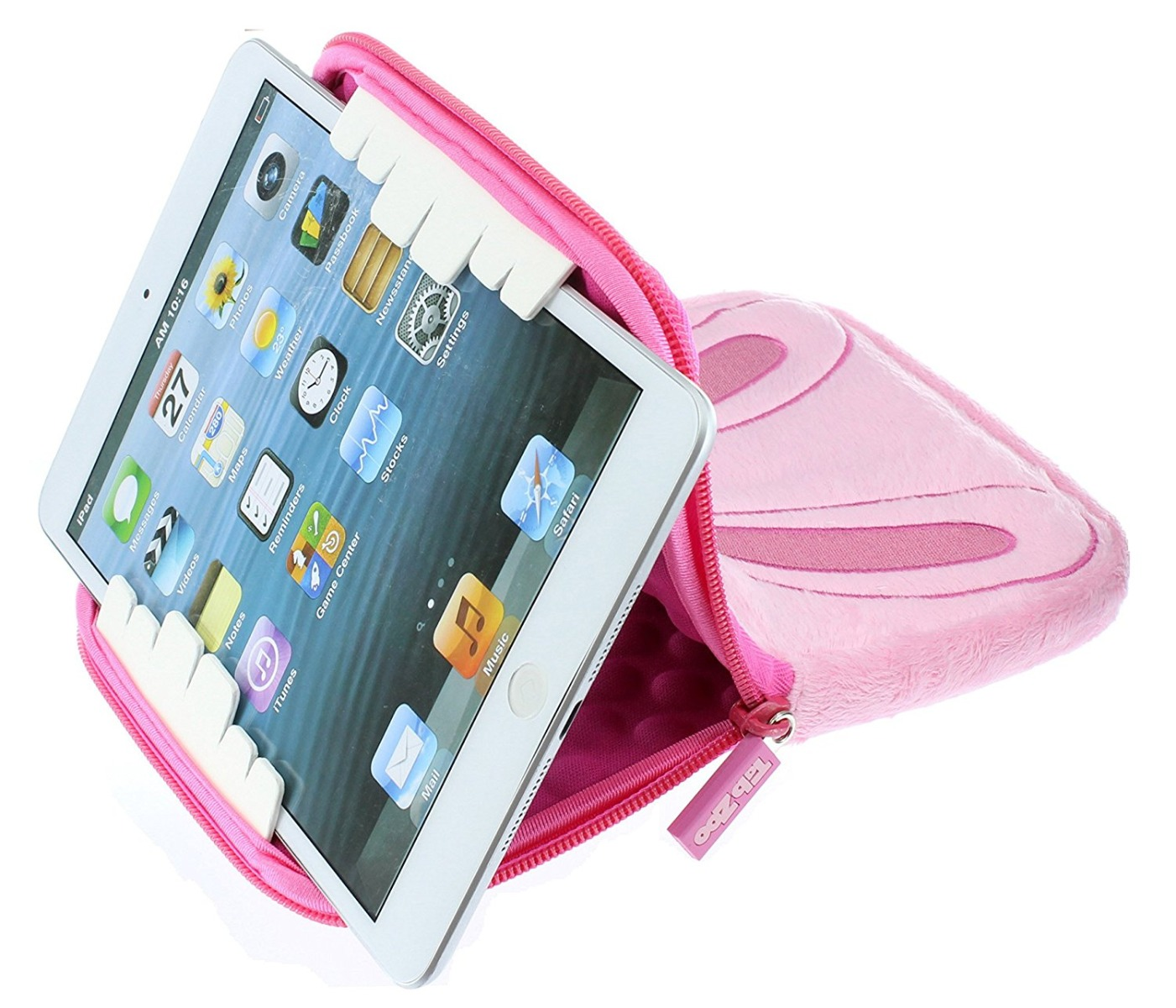 Una funda rosa para tableta, con una tableta que muestra iconos de aplicaciones.