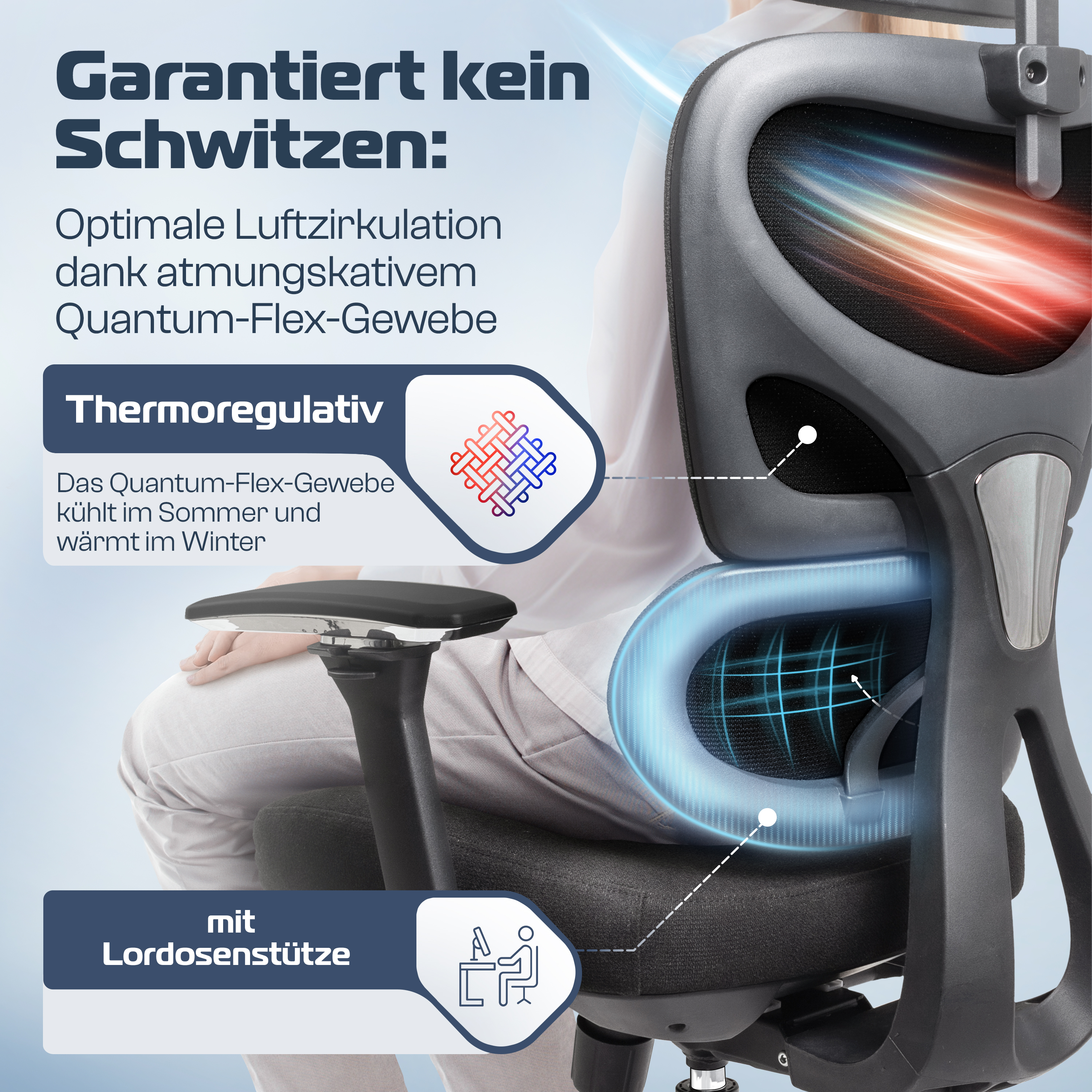 Ergonomischer Bürostuhl mit Netzrücken. Text bewirbt Atmungsaktivität und Lendenwirbelstütze.