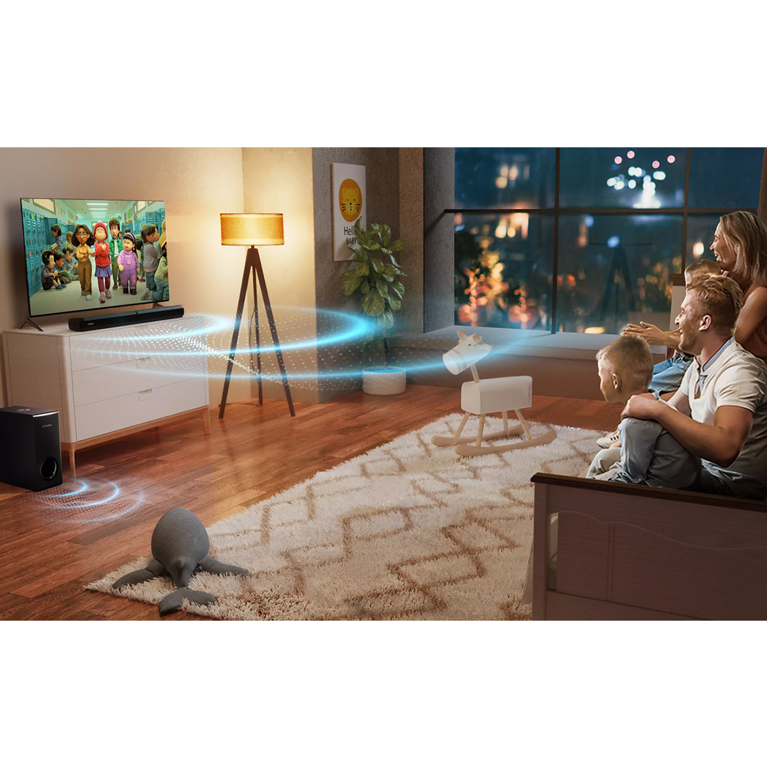 Rodzina ogląda TV z soundbarem i subwooferem. Obecny jest świecący niebieski efekt fali.