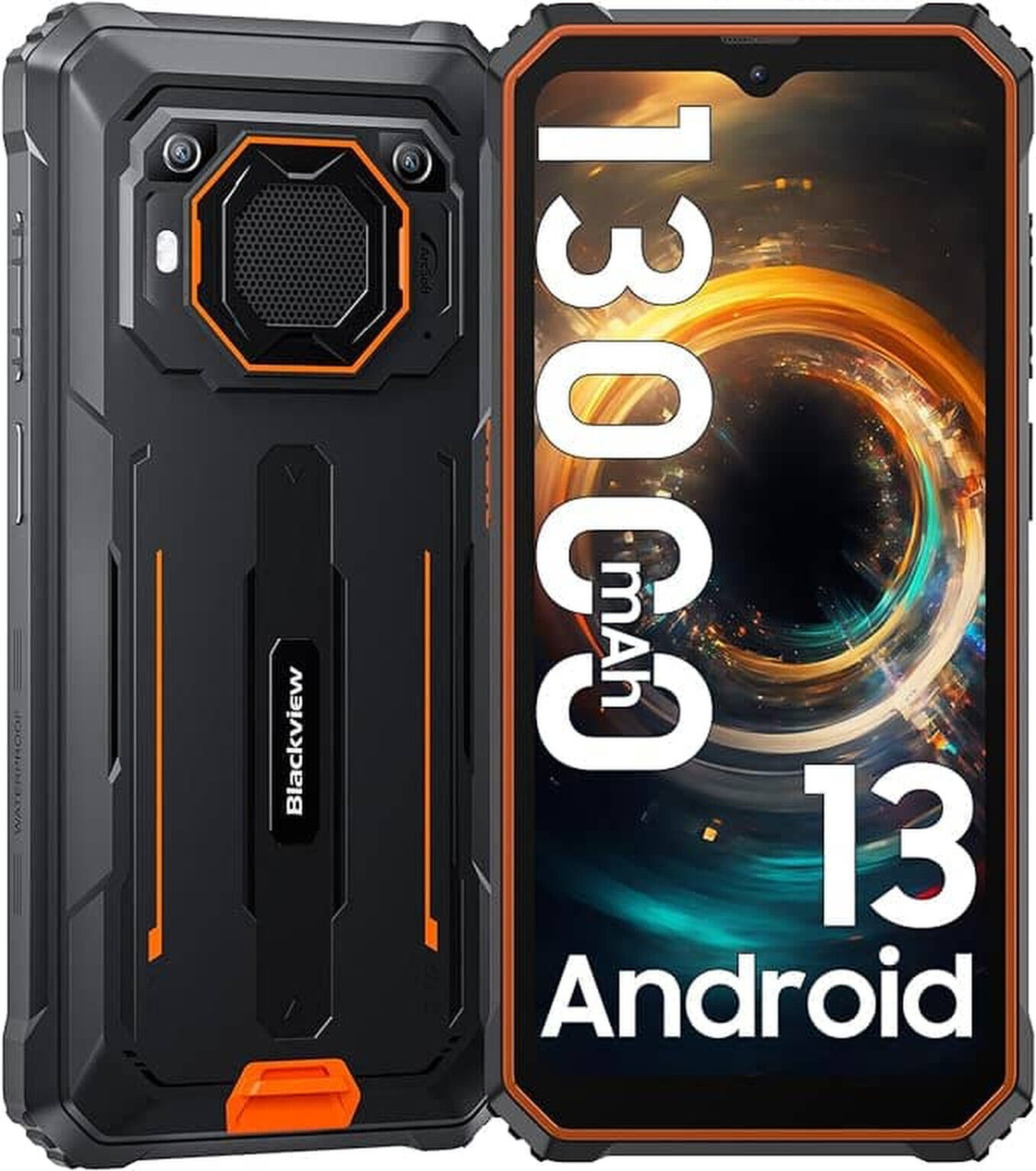 Ein robustes, schwarz-oranges Smartphone mit großem Bildschirm, das die Android-Oberfläche zeigt.