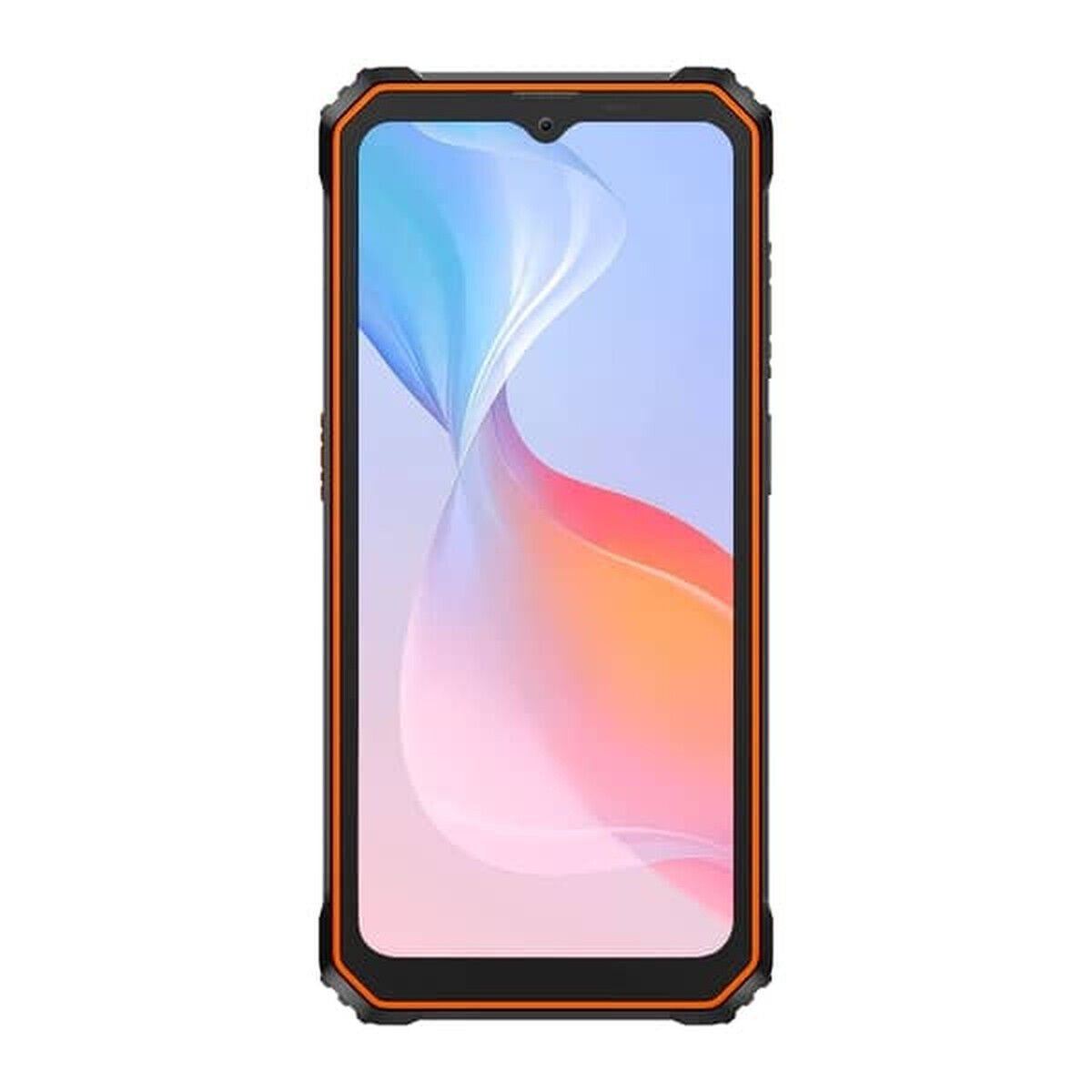 Ein schwarzes und oranges Smartphone wird gezeigt. Der Bildschirm zeigt ein farbenfrohes, abstraktes Muster.