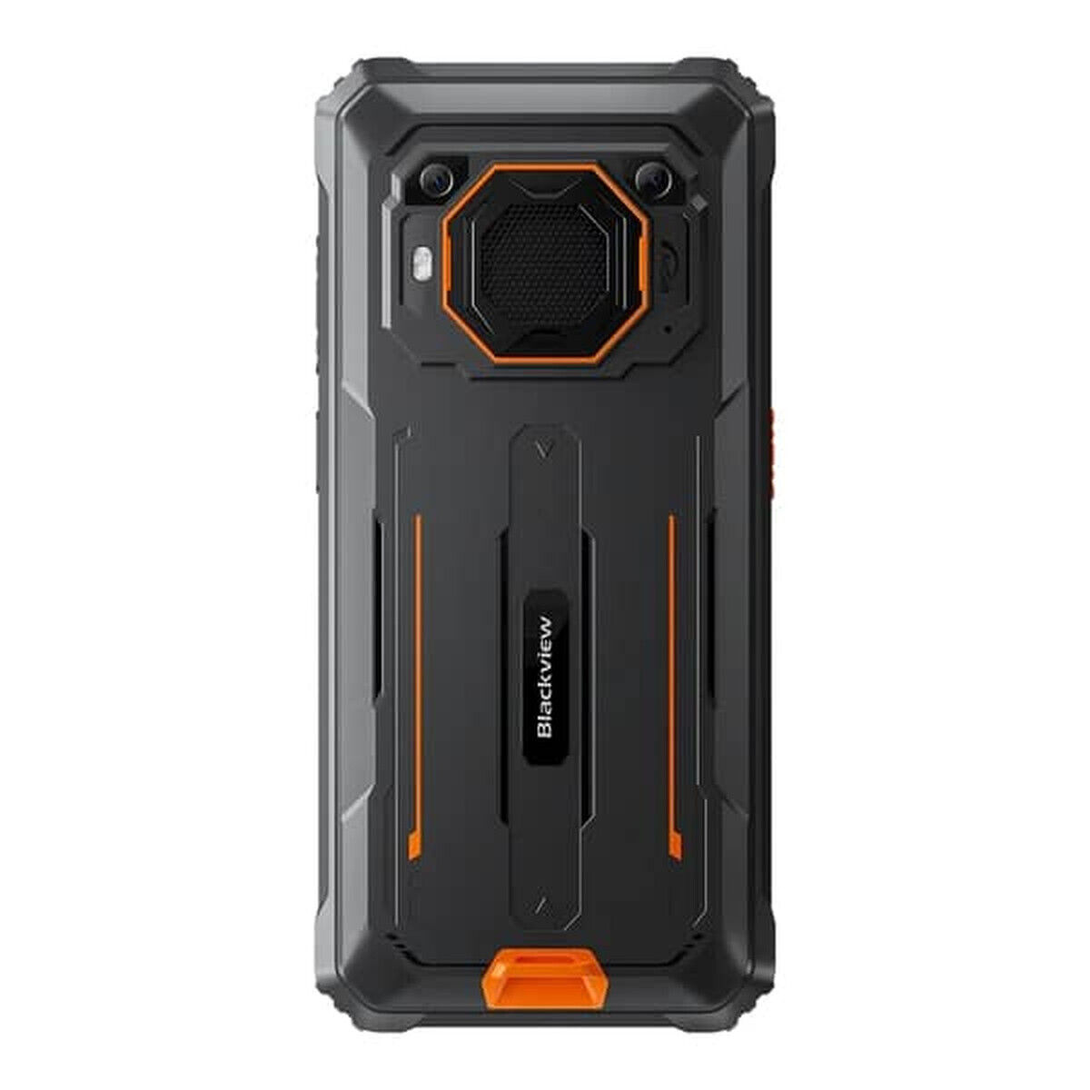 Ein schwarzes und oranges robustes Smartphone mit Kamera und Lautsprecher.