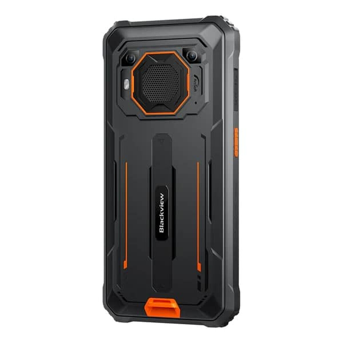Ein robustes Smartphone in Schwarz und Orange mit großem Lautsprecher und Kamera.