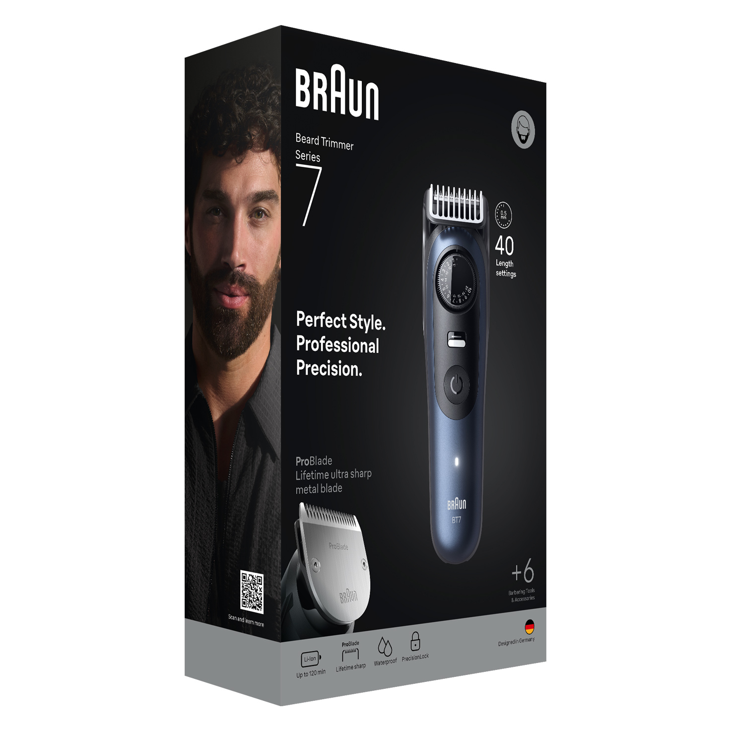Pudełko Braun Beard Trimmer z mężczyzną, trymerem i funkcjami na czarnym tle.