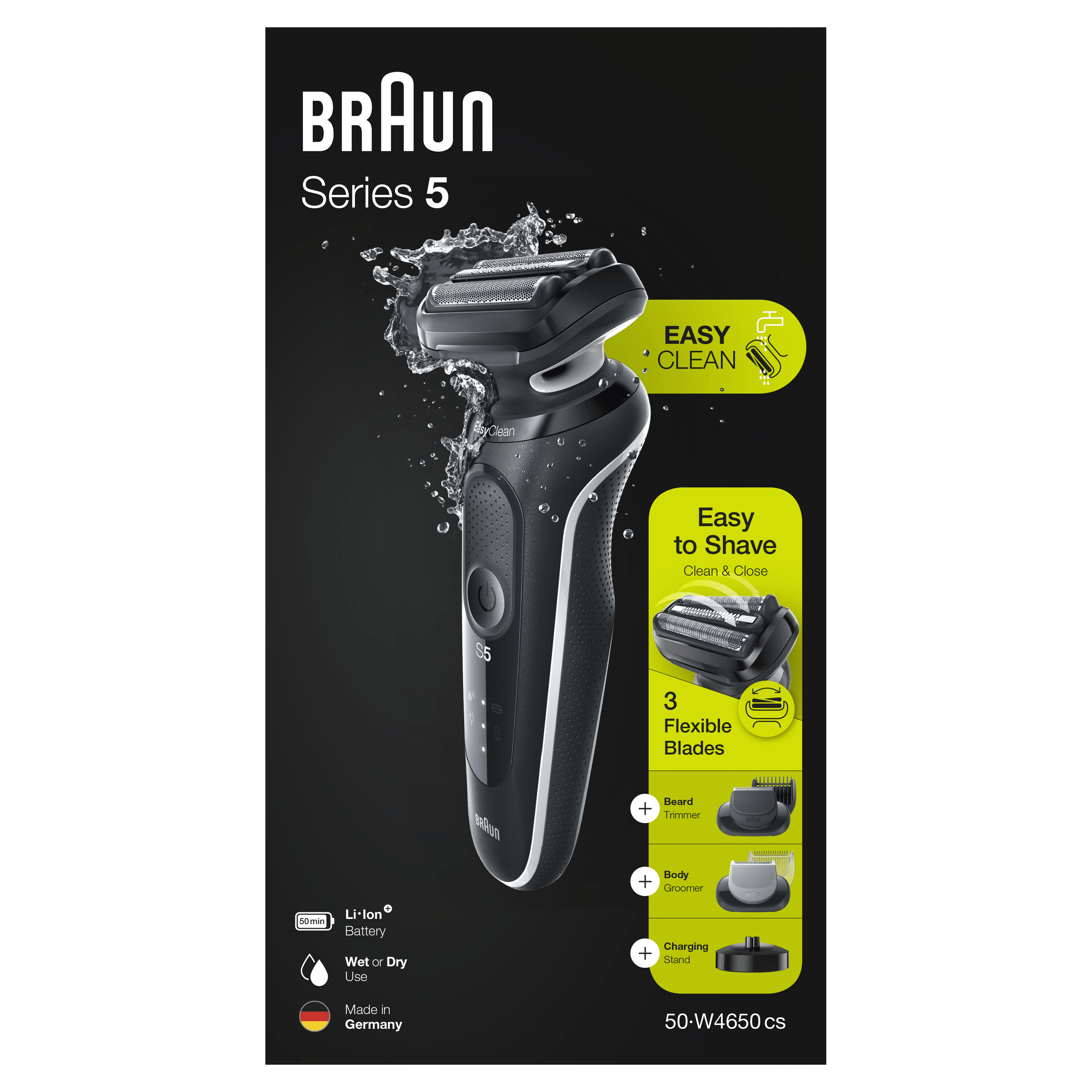 Ein Braun Series 5 Rasierer-Karton mit Grafiken zu Funktionen und Text auf schwarzem Grund.