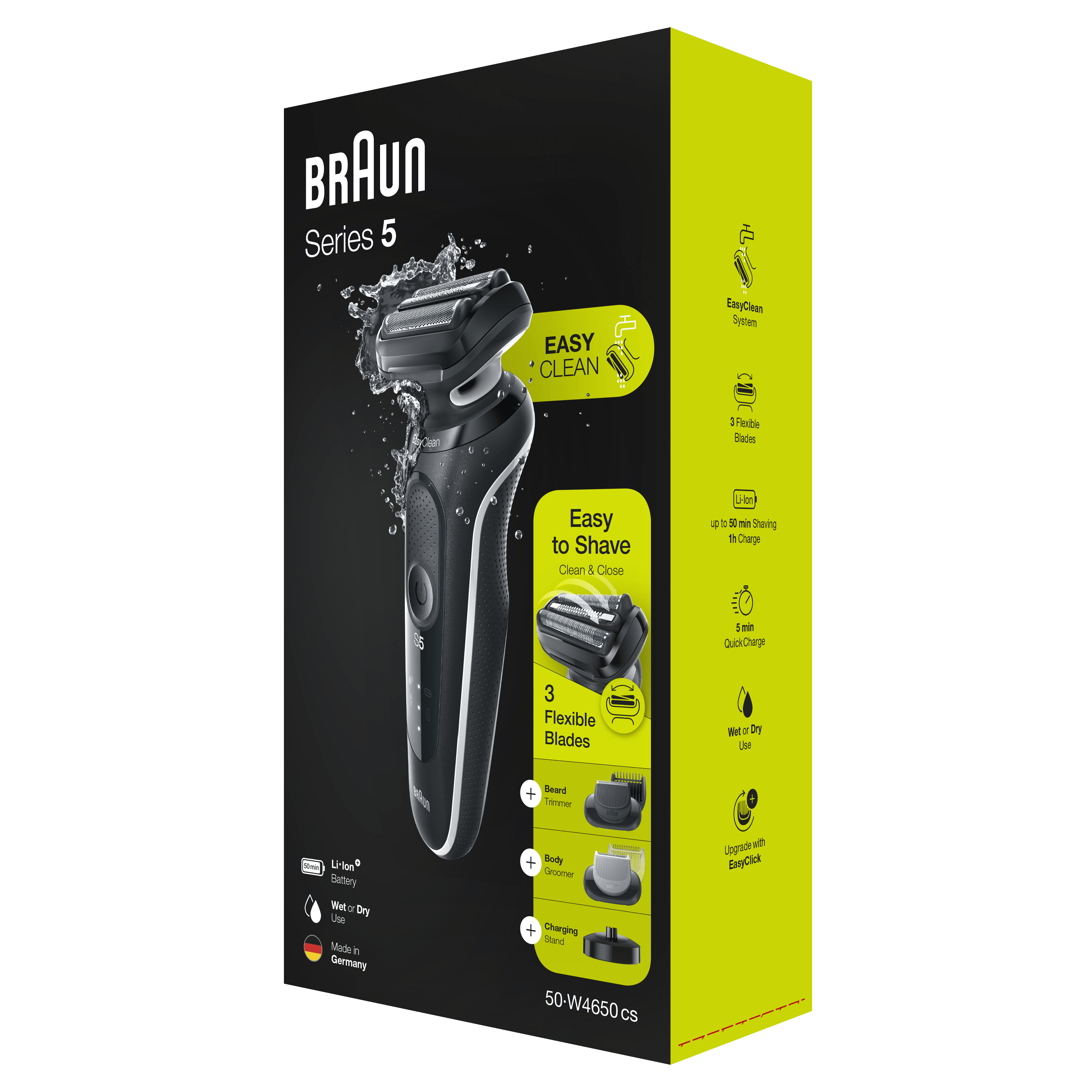 Braun Series 5 Elektrorasierer-Box. Schwarz-grünes Farbschema.