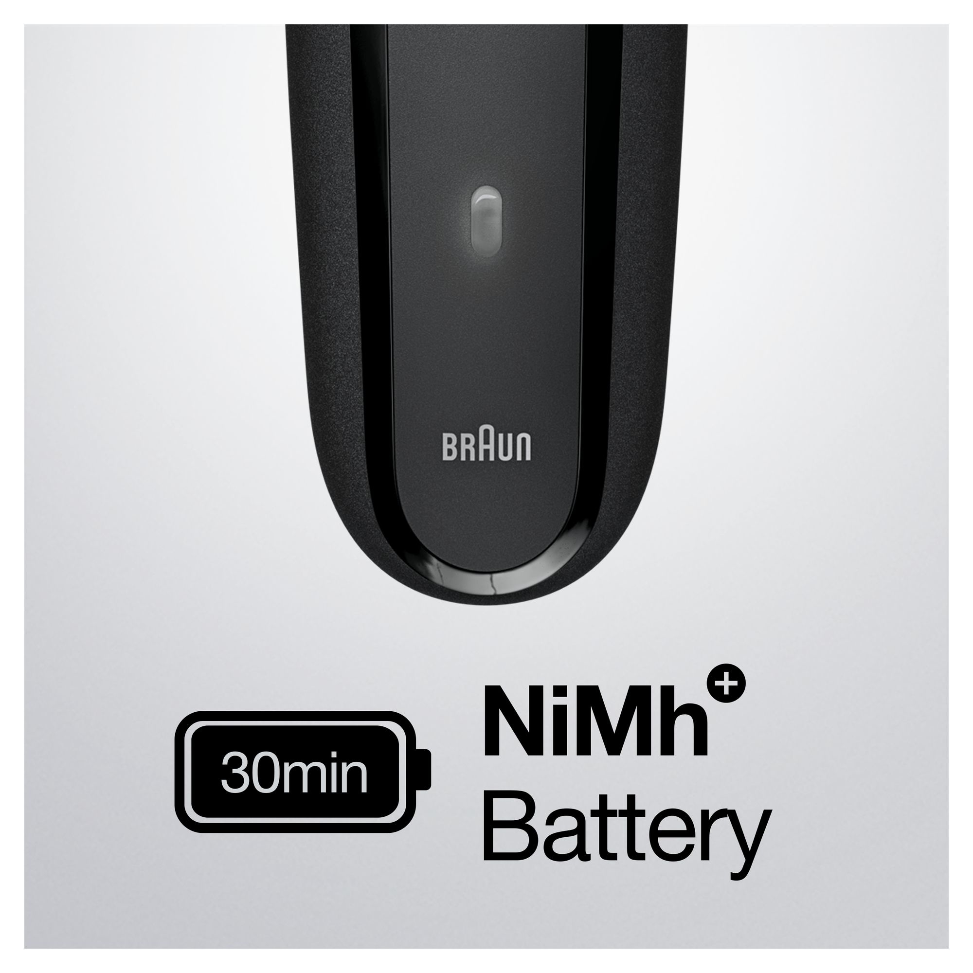 Rasoio elettrico Braun nero con luce, icona della batteria e testo: 30min Batteria NiMh.