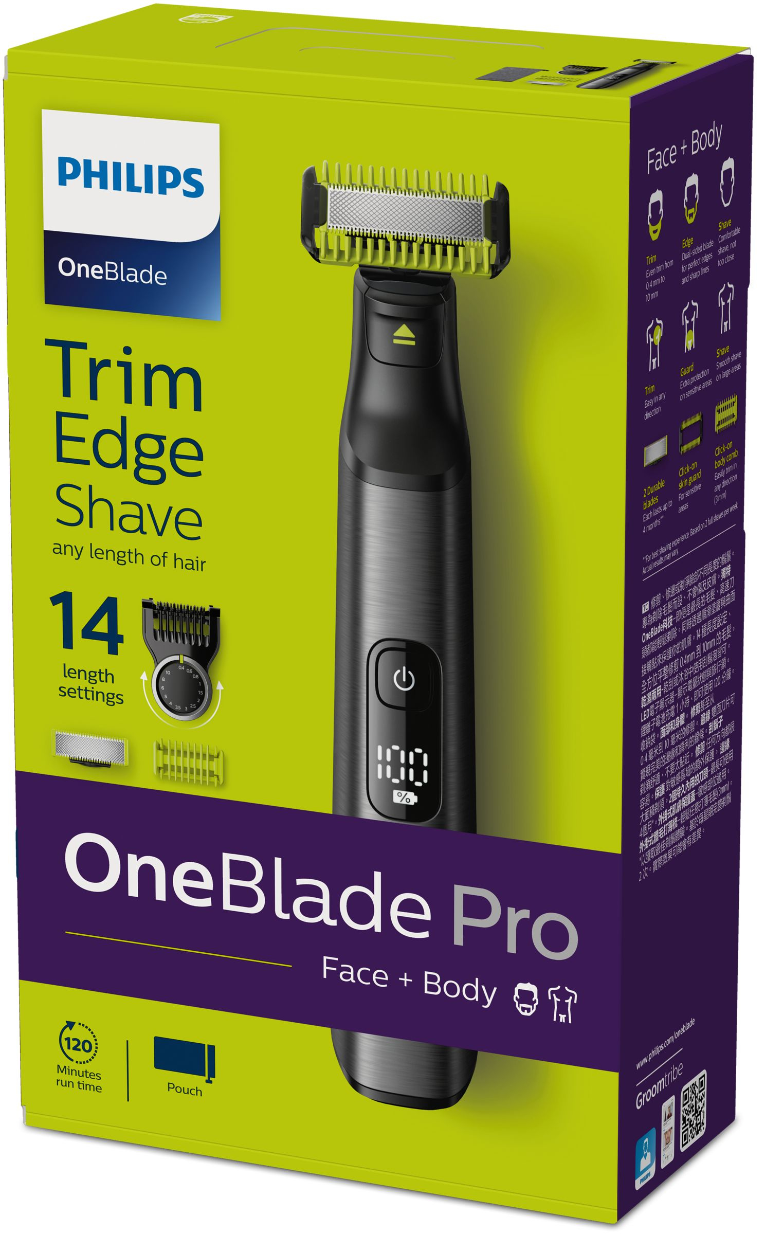 Kit tagliacapelli Philips OneBlade Pro in una scatola con lama e impostazioni, sfondo verde chiaro.