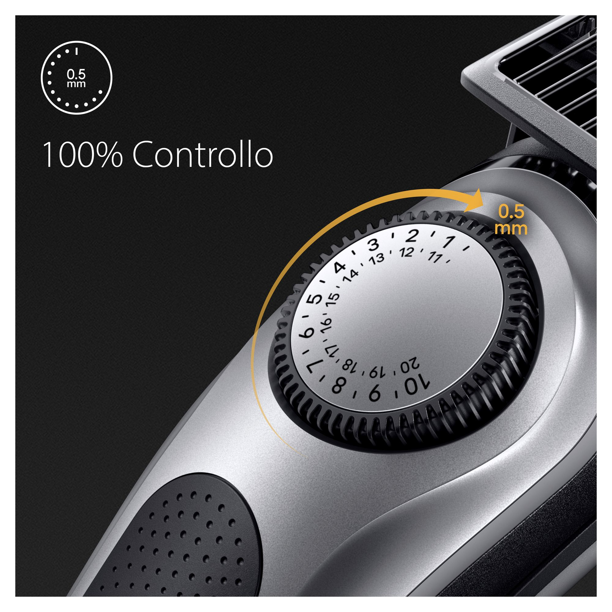 Zbliżenie pokrętła trymera Braun z numerami, pokazujące ustawienia długości od 1 do 21 mm.