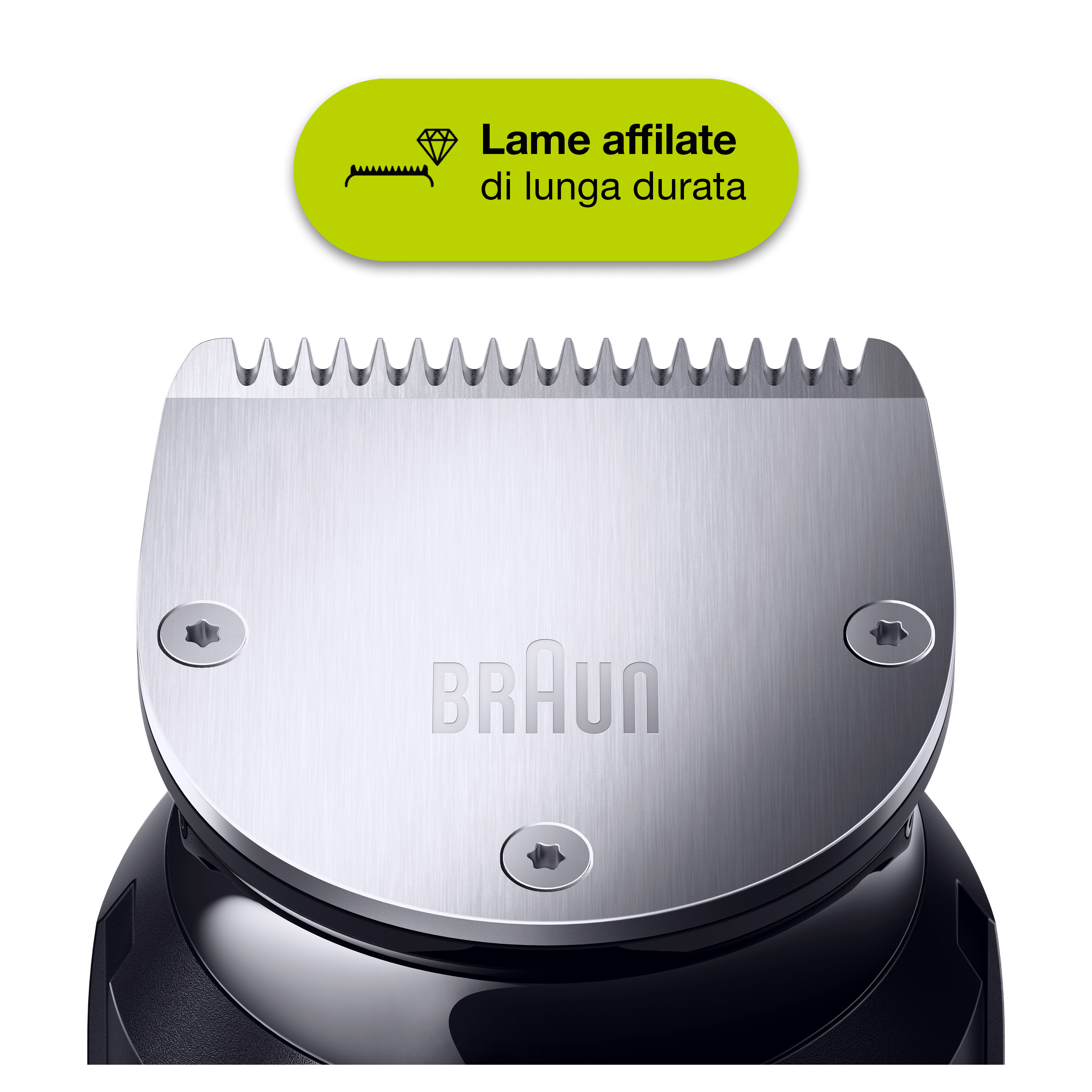 Nahaufnahme der Klinge eines schwarzen Trimmers mit Text 'Lame affilate'.