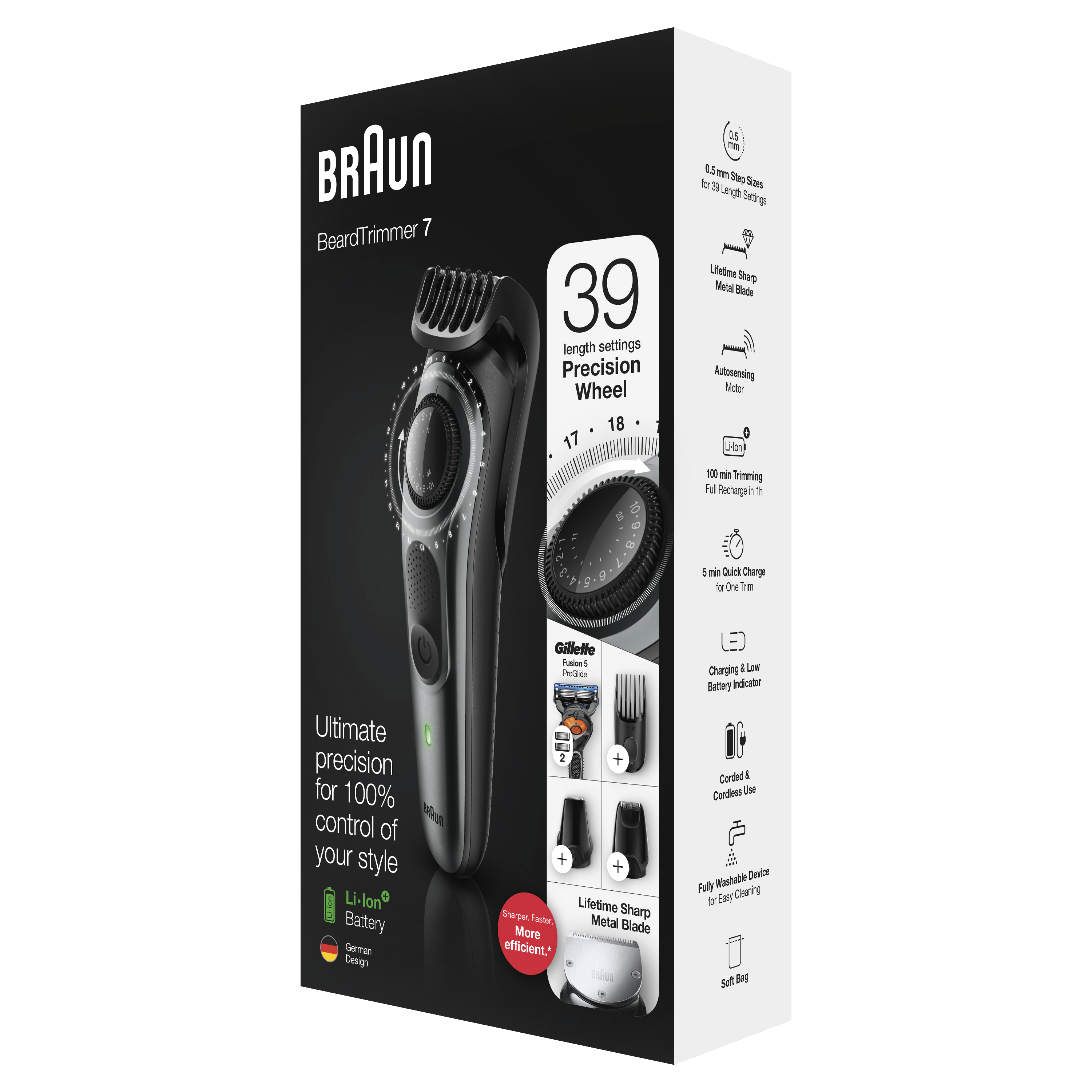 Braun BeardTrimmer 7 Box. Trimmer und Zubehör gezeigt. Gesicht eines Mannes links.