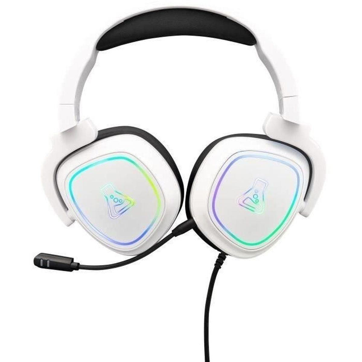 Weißes Gaming-Headset, das beleuchtete Ohrmuscheln und Mikrofon auf weißem Hintergrund zeigt.