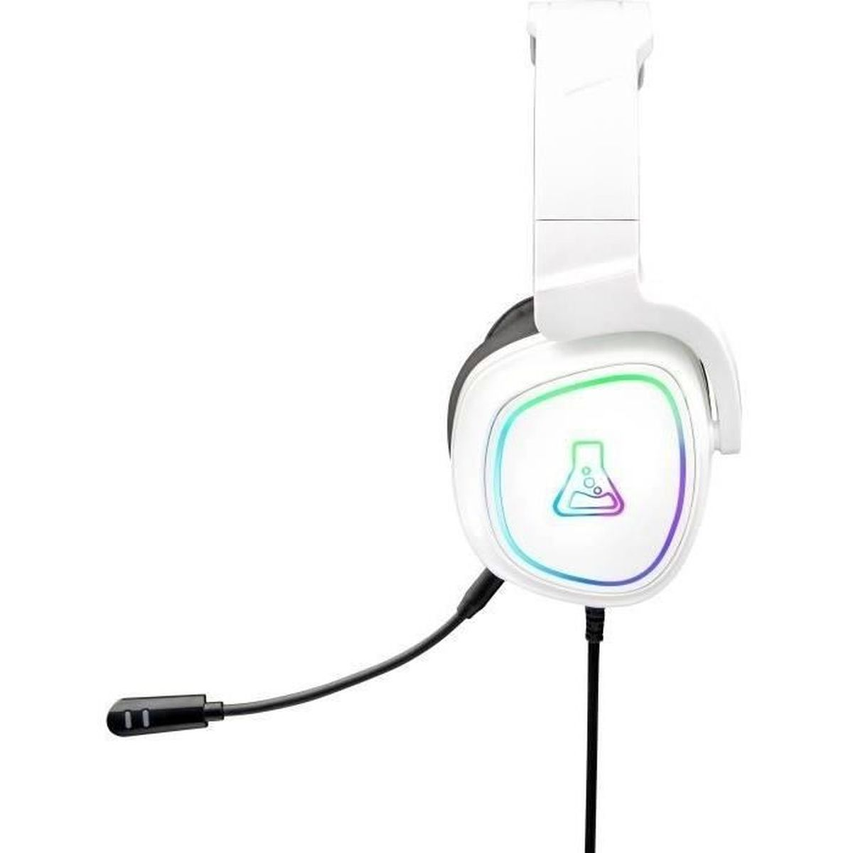 Ein weißes Gaming-Headset mit Mikrofon und farbenfrohem Logo auf der Ohrmuschel.