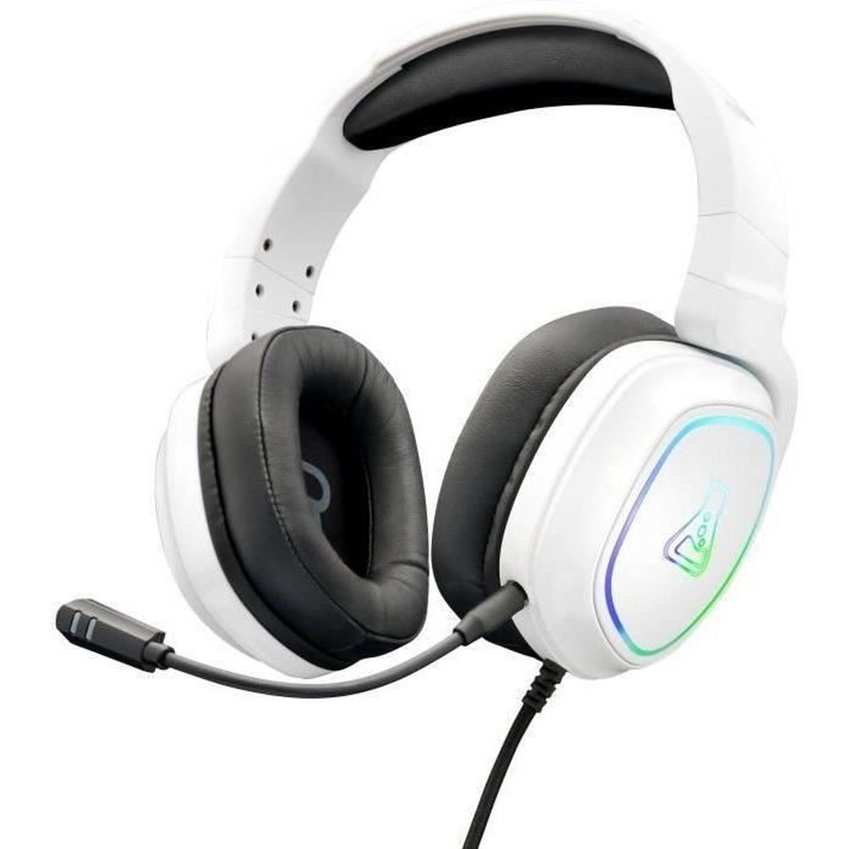 Weißes Gaming-Headset mit schwarzen Ohrmuscheln und Mikrofon.