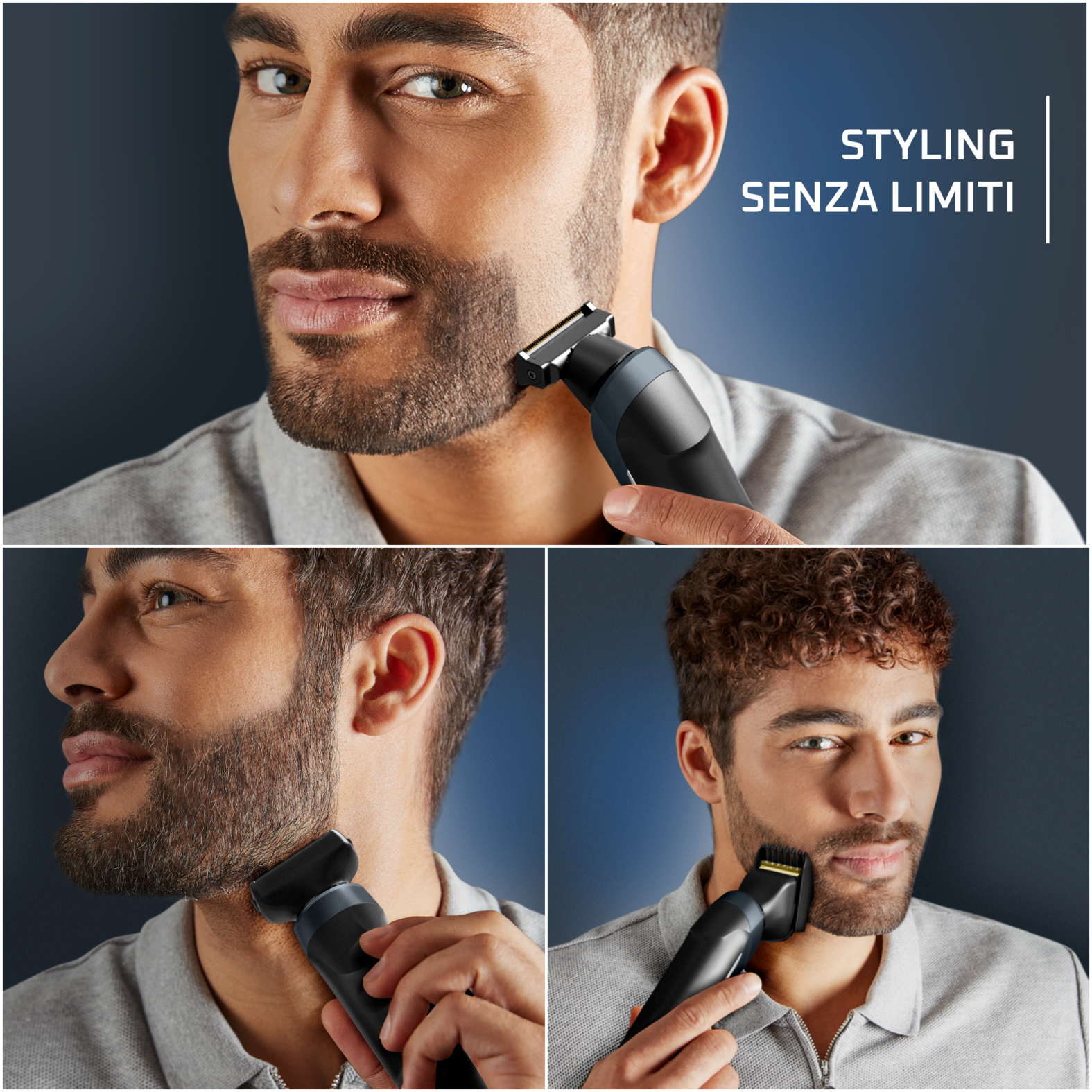 Eine Collage von Männern, die einen Trimmer benutzen. Sie stylen ihre Bärte mit dem Trimmer auf verschiedene Weise.