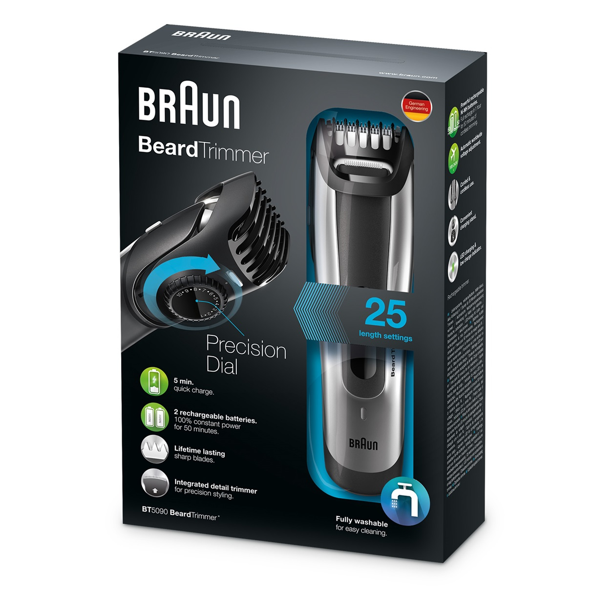 Braun BeardTrimmer kutusu. Özellikler: hassas kadran, 25 uzunluk ayarı ve entegre detay düzeltici.